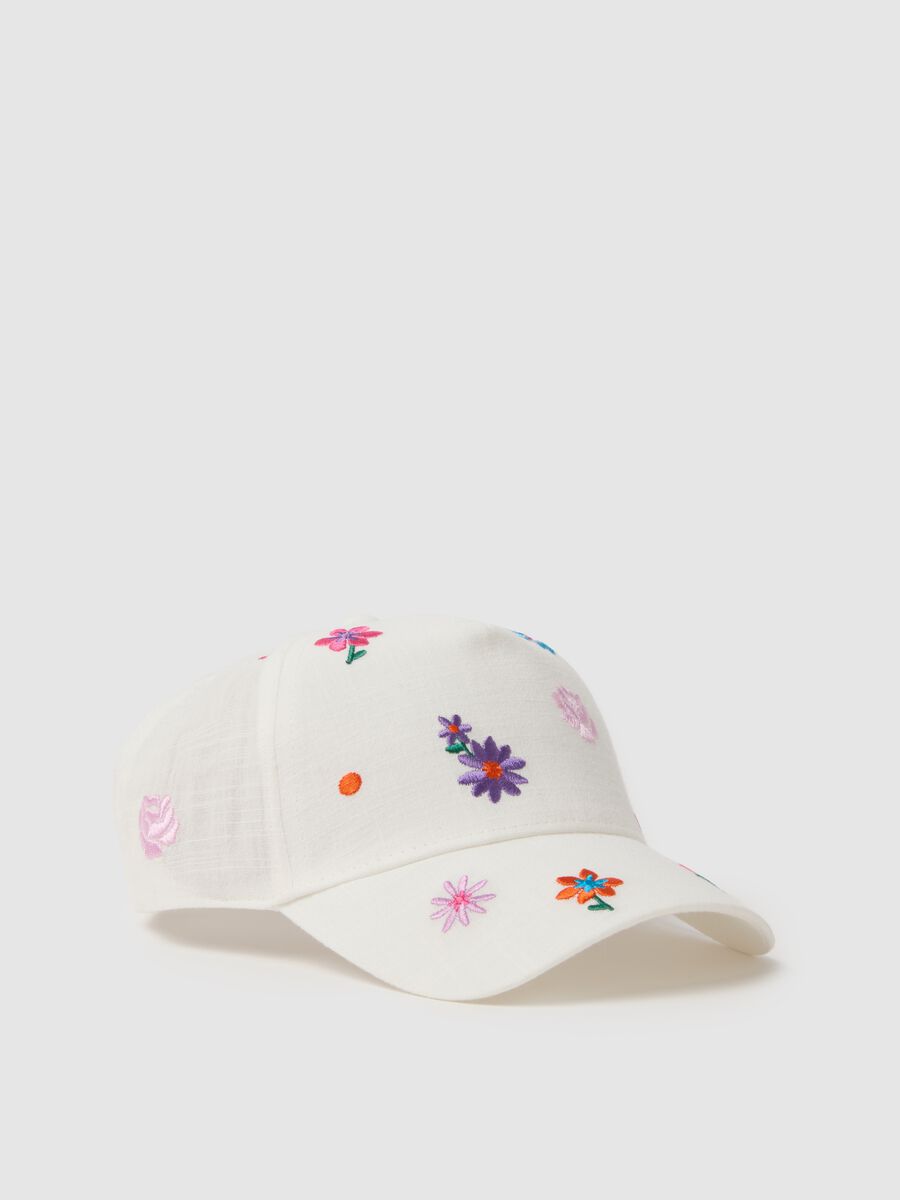 Girls' pure white cotton hat with visor and embroidery_0