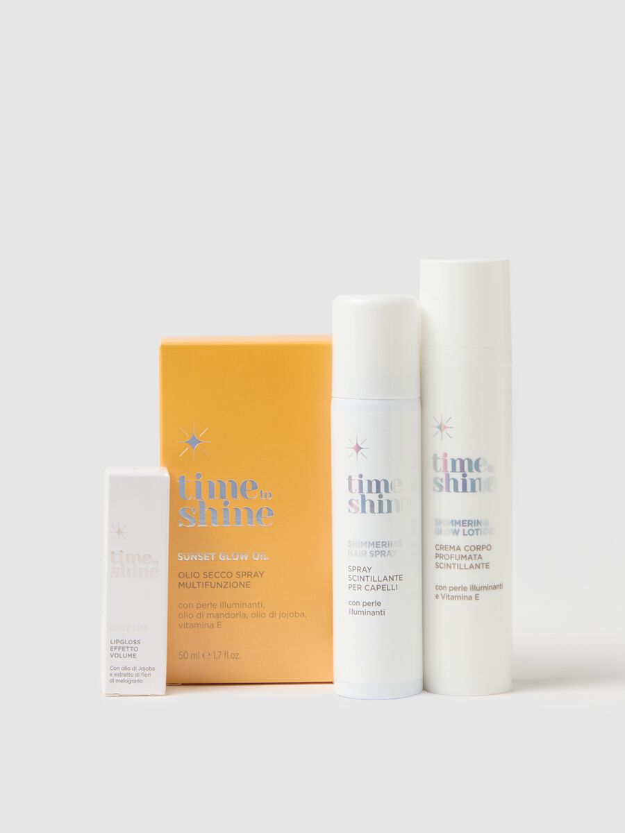 TIME TO SHINE SUPER SPARKLING SET x5 (sunset oil + hair spray + b.lotion + pouch + glitz lips)_2