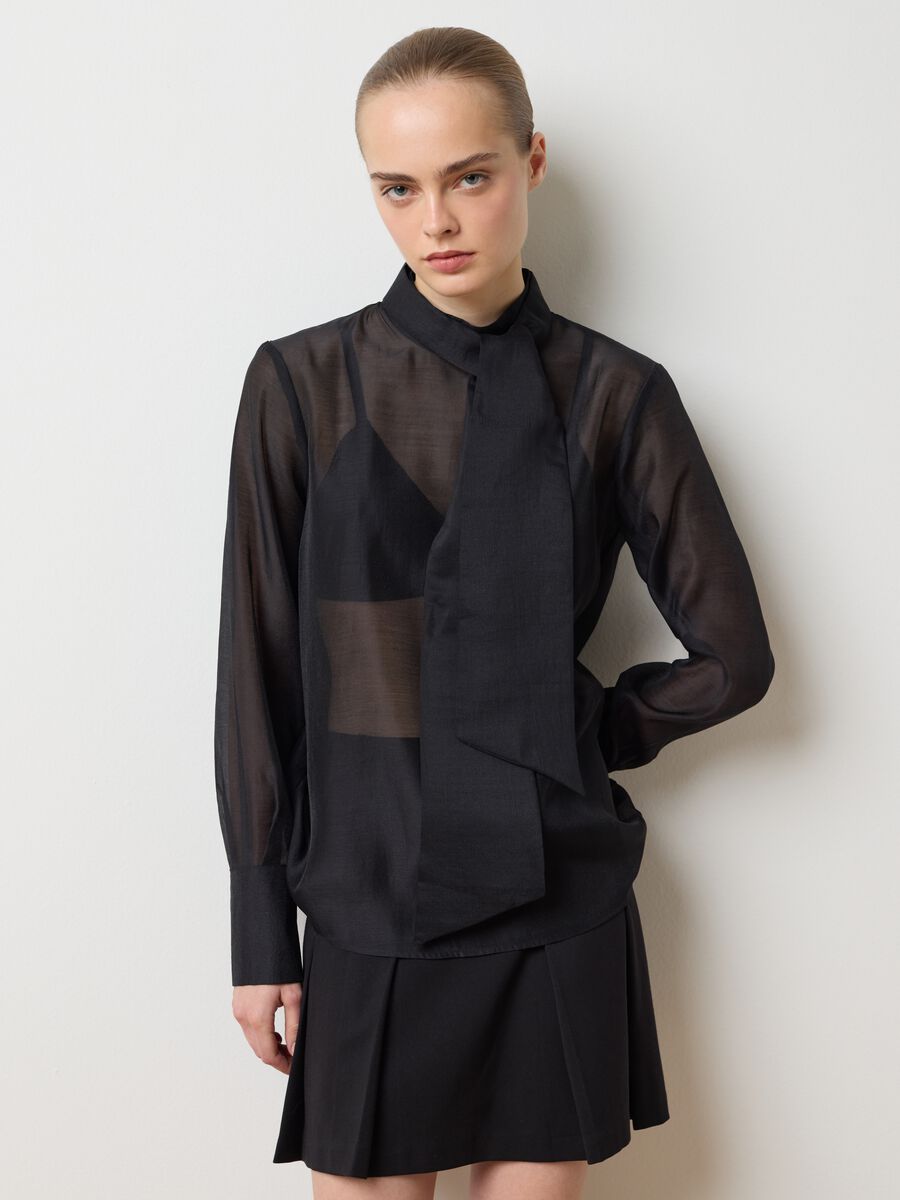 Black organza shirt with bow and regular fit_1
