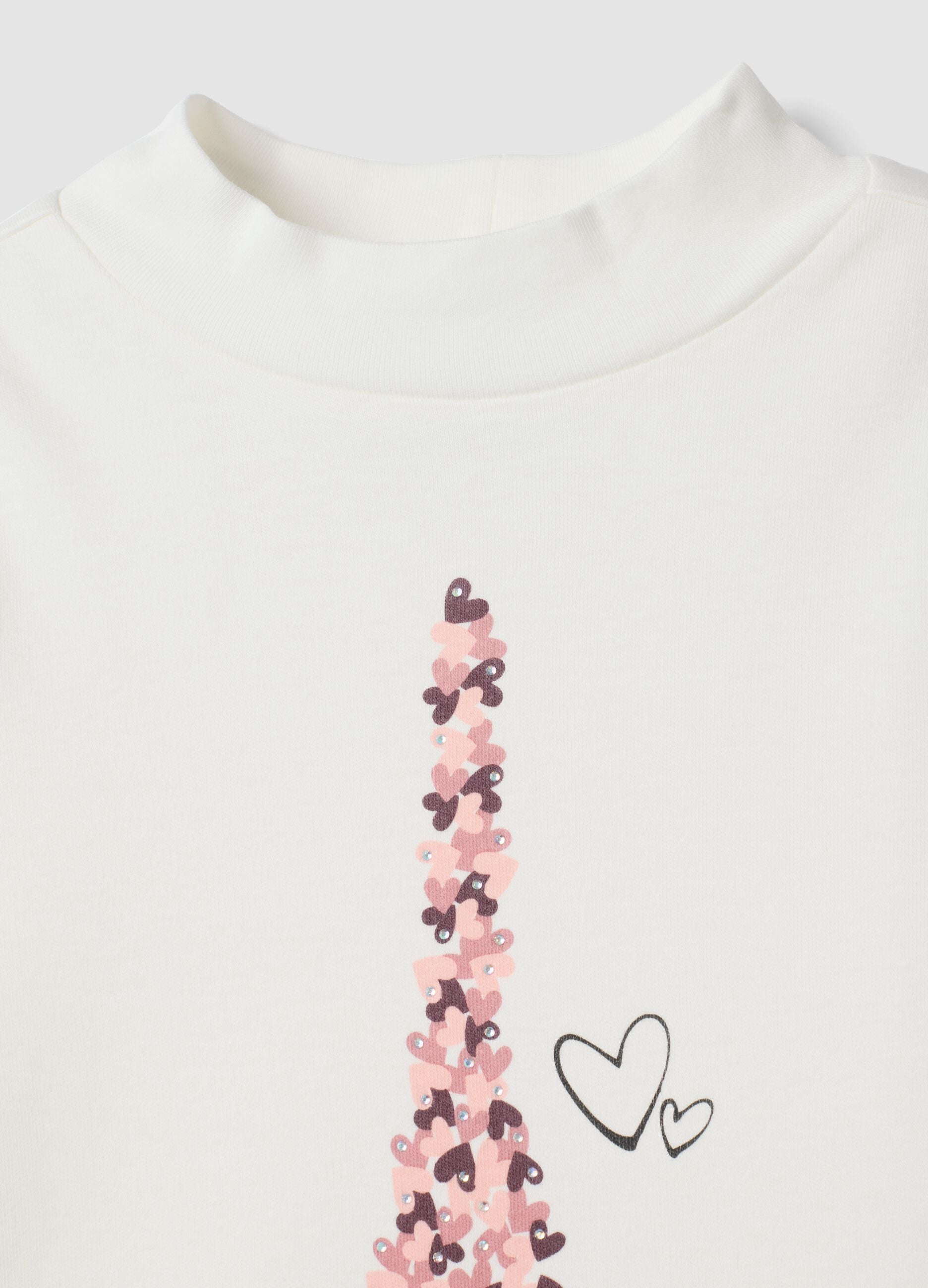 T-shirt bianca con collo rialzato in puro cotone organico con stampa