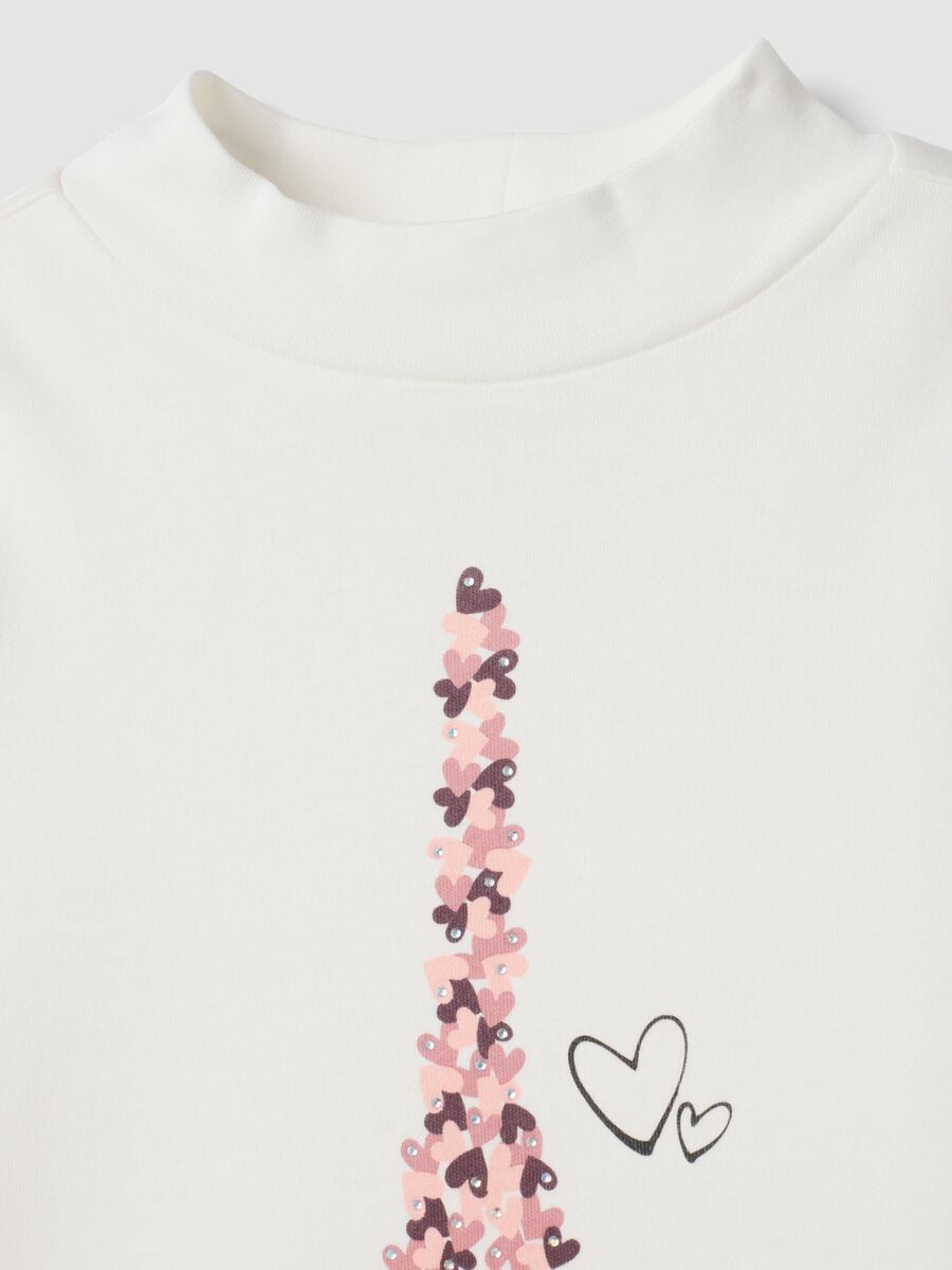 T-shirt bianca con collo rialzato in puro cotone organico con stampa_2