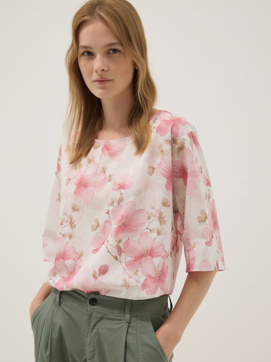 Pink pure cotton top with floral print_0