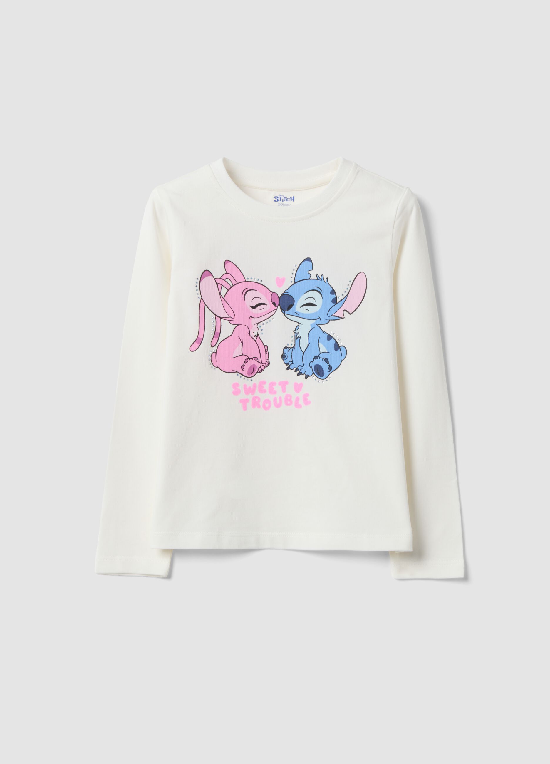 T-shirt bianca in cotone elasticizzato con stampa Lilo e Stitch per bambina