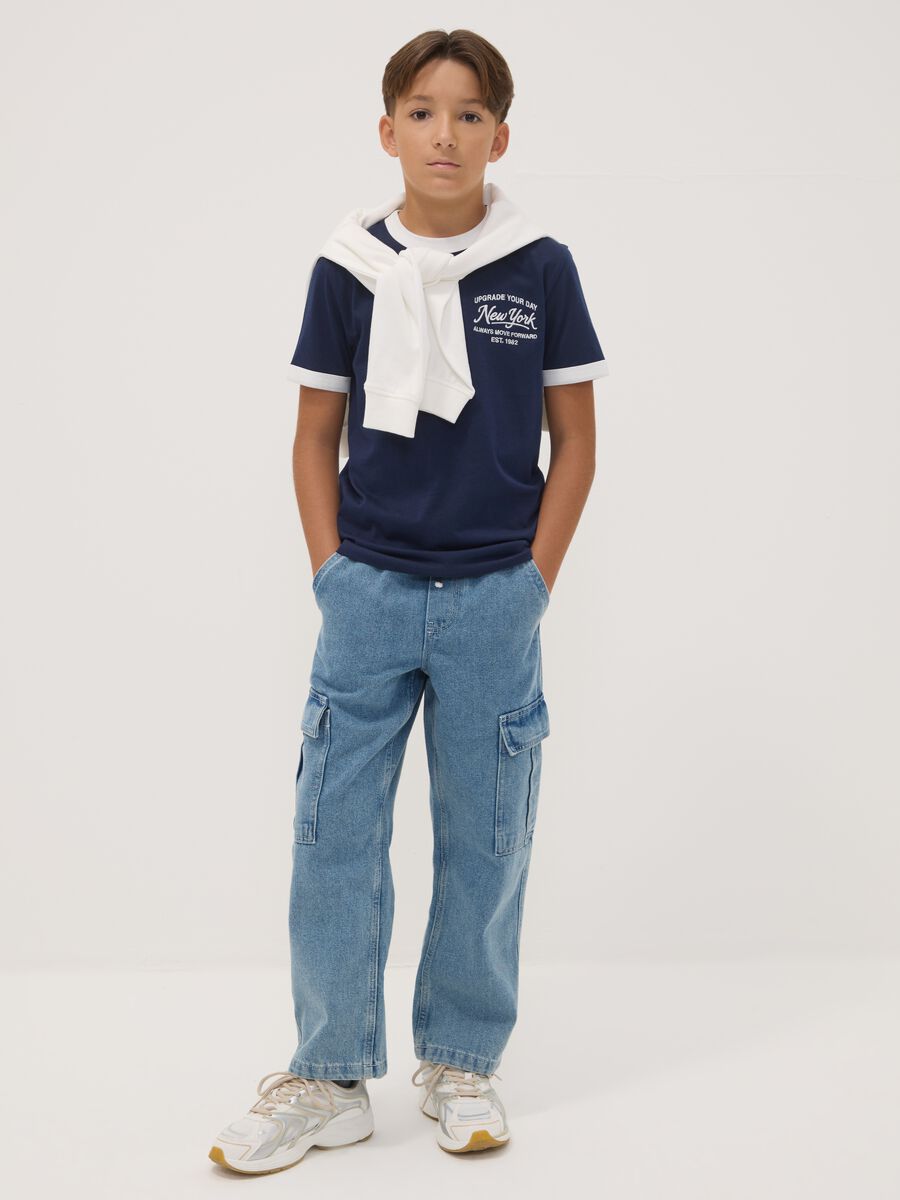 Light blue denim cargo jeans in cotton-viscose blend, straight fit_0
