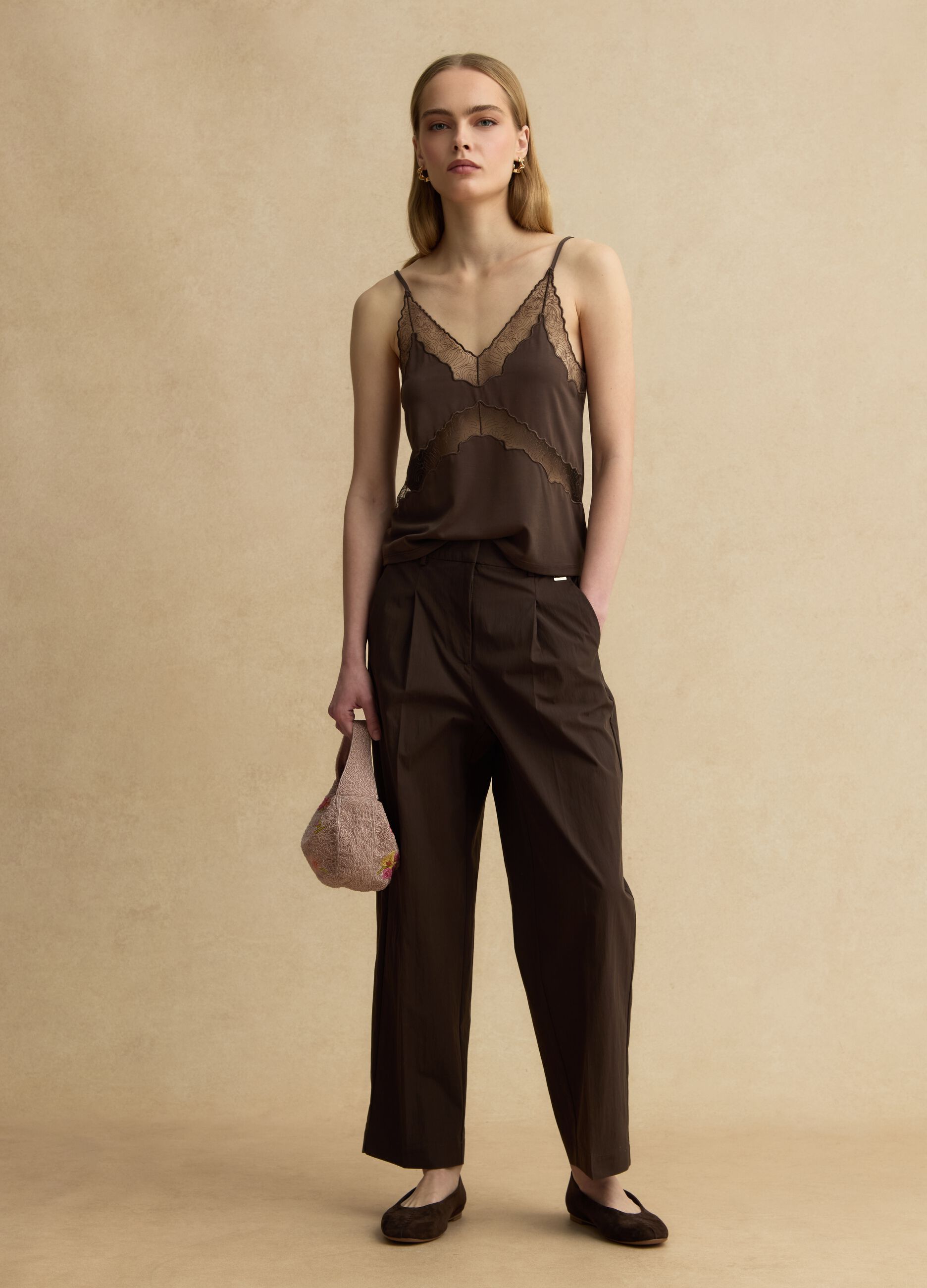 Brown regular fit viscose blend tank top with transparent details