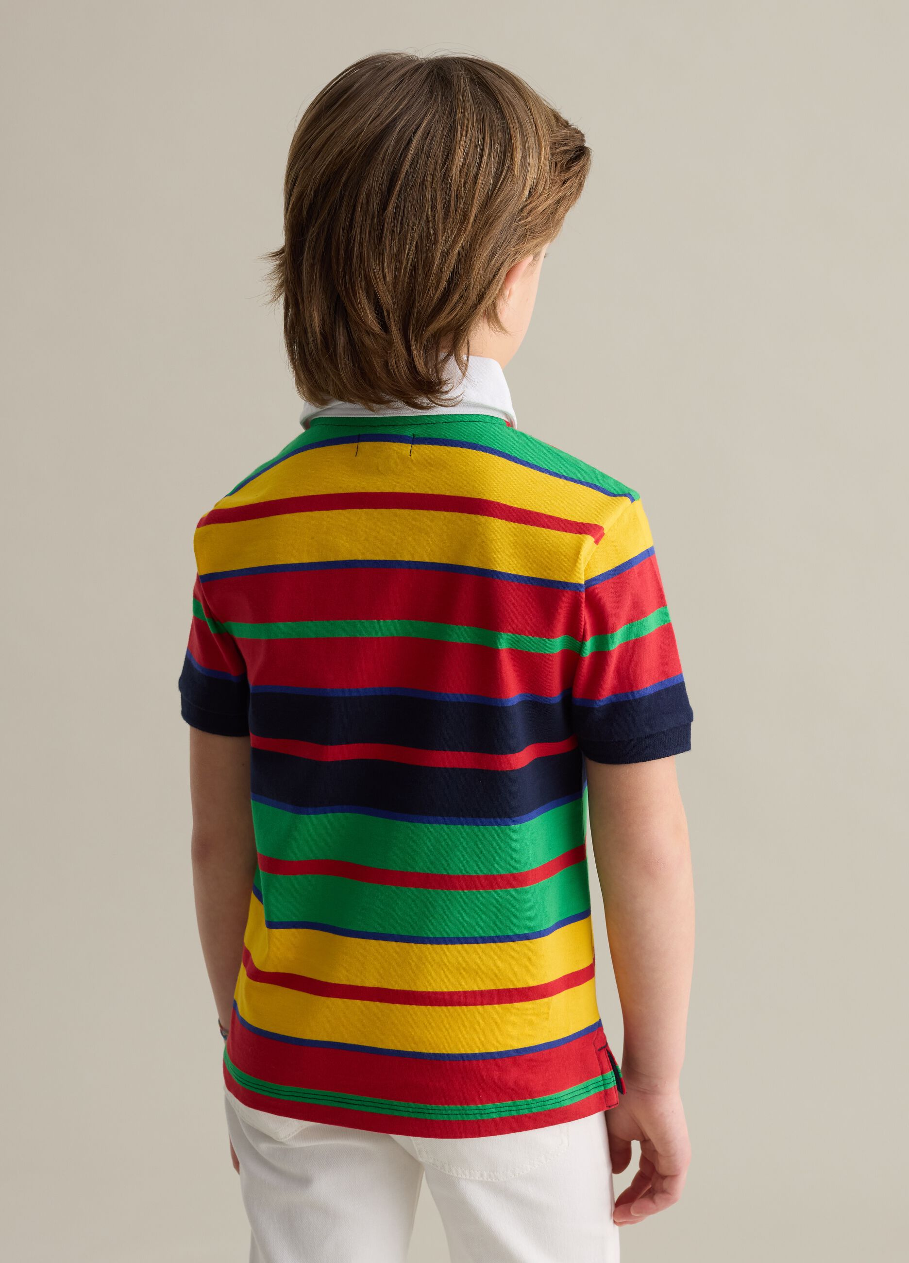 Cotton polo shirt with multicoloured stripes and logo embroidery