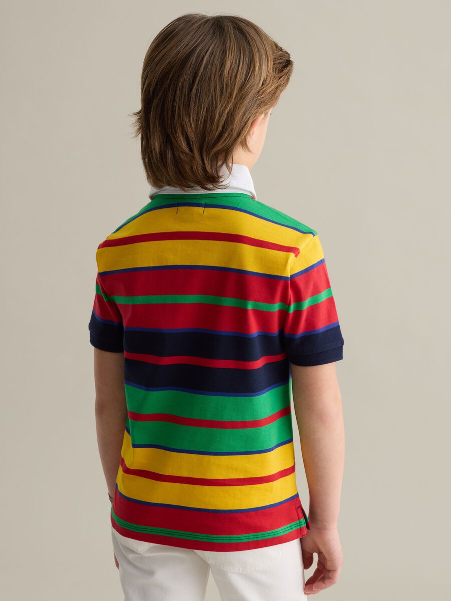 Cotton polo shirt with multicoloured stripes and logo embroidery_2