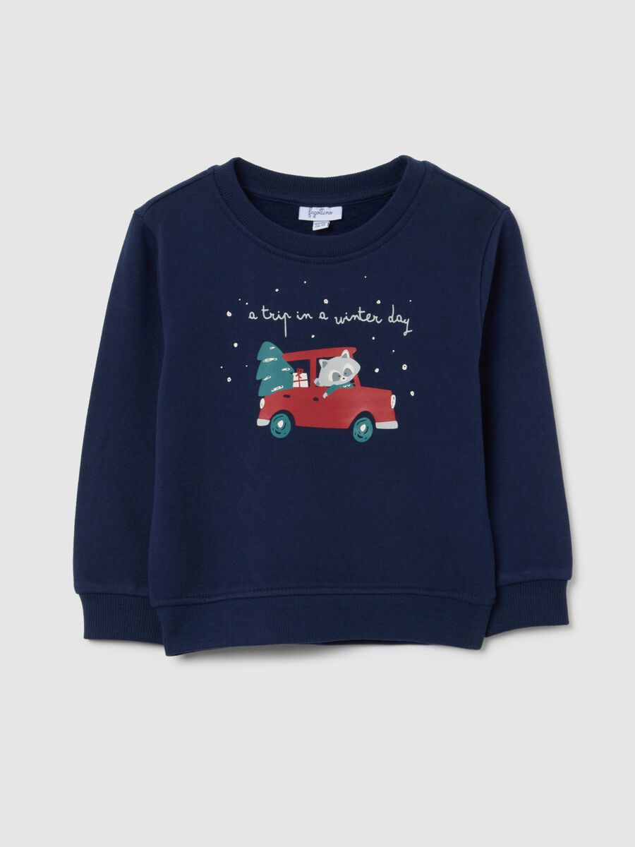 Blue children's sweatshirt in pure cotton with regular fit and Christmas print_0