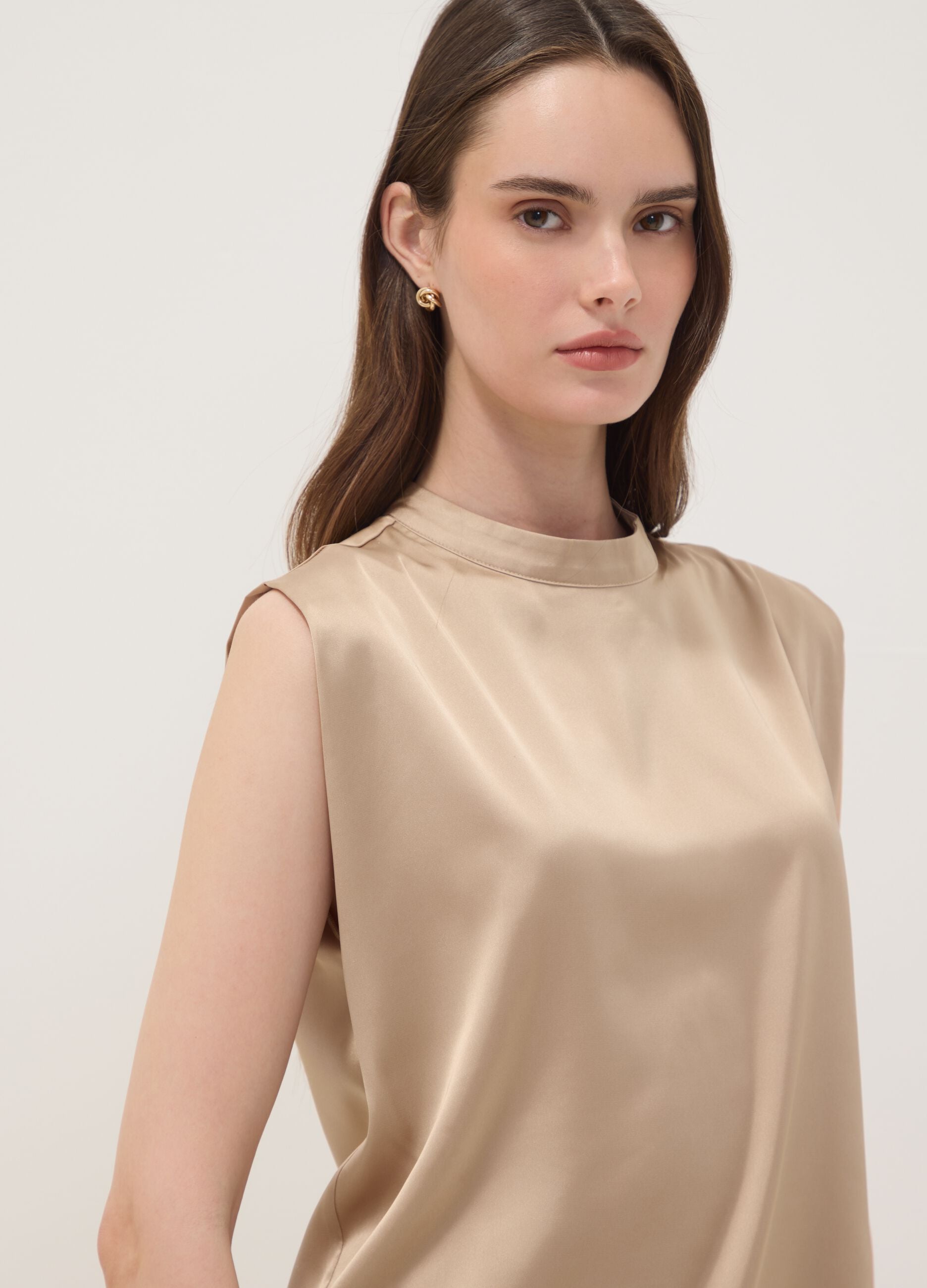 Beige stretch fabric high-neck top
