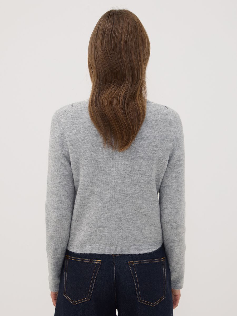 Cardigan grigio in lana elasticizzata jacquard girocollo regular fit_3