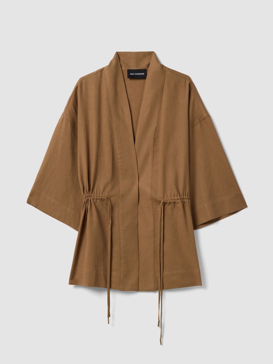 Brown linen blend regular fit blazer with ties_4