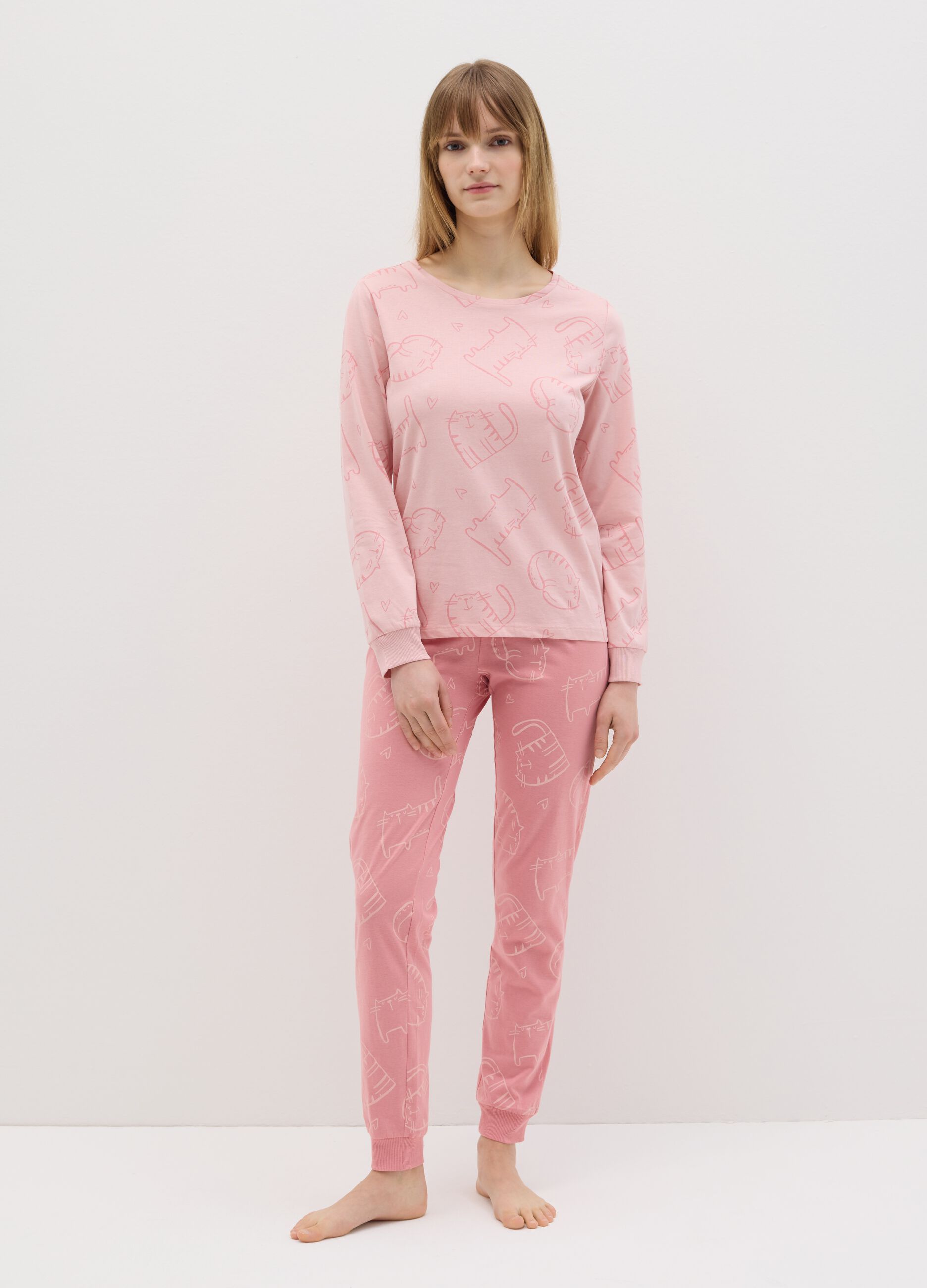 Pink cotton pyjamas with cats print