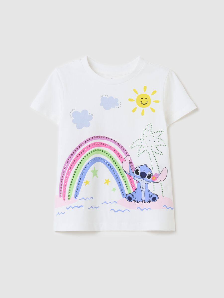 Stretch cotton T-shirt with Stitch print and diamantés_0