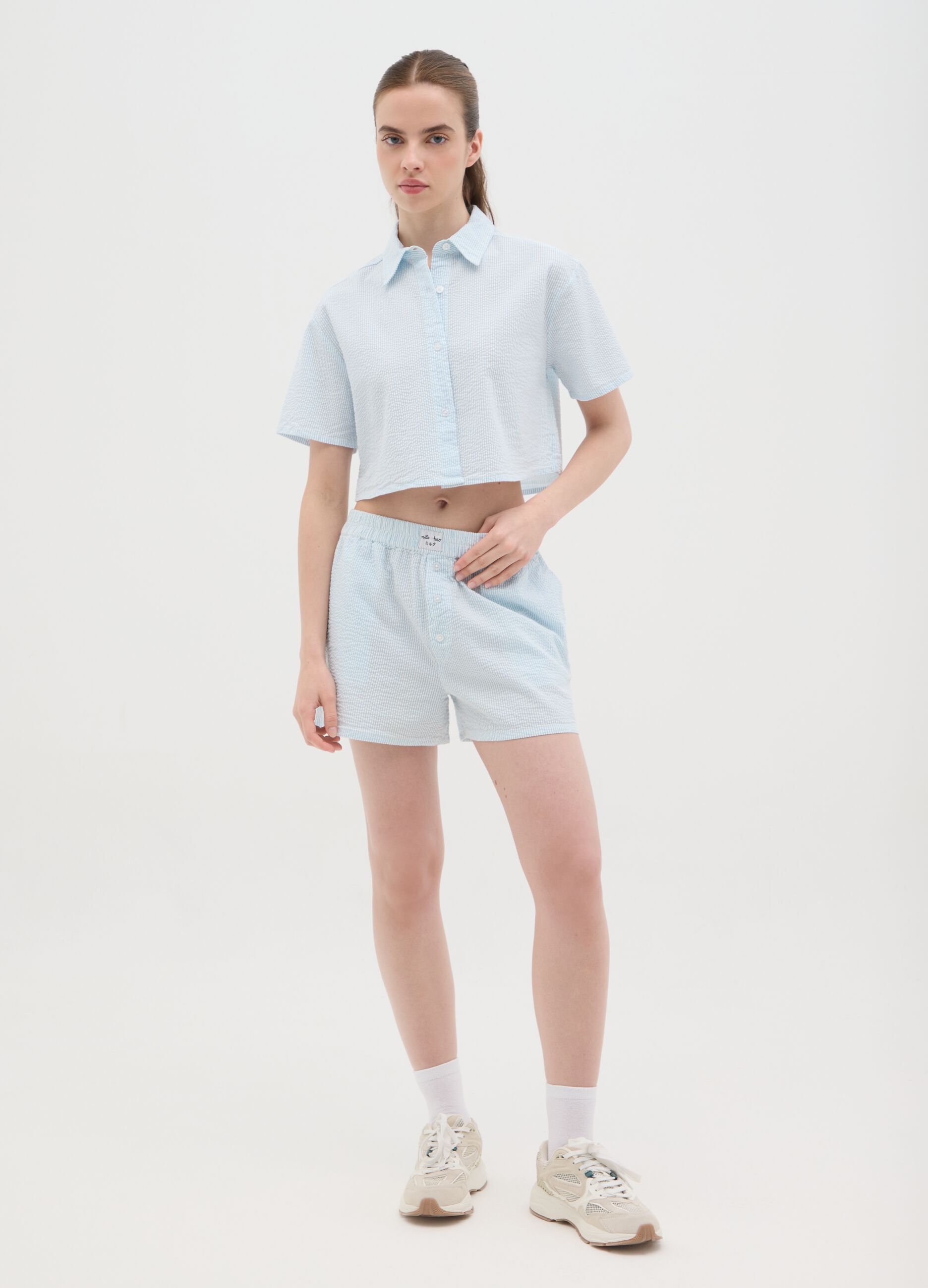 Sky Blue Seersucker Crop Shirt