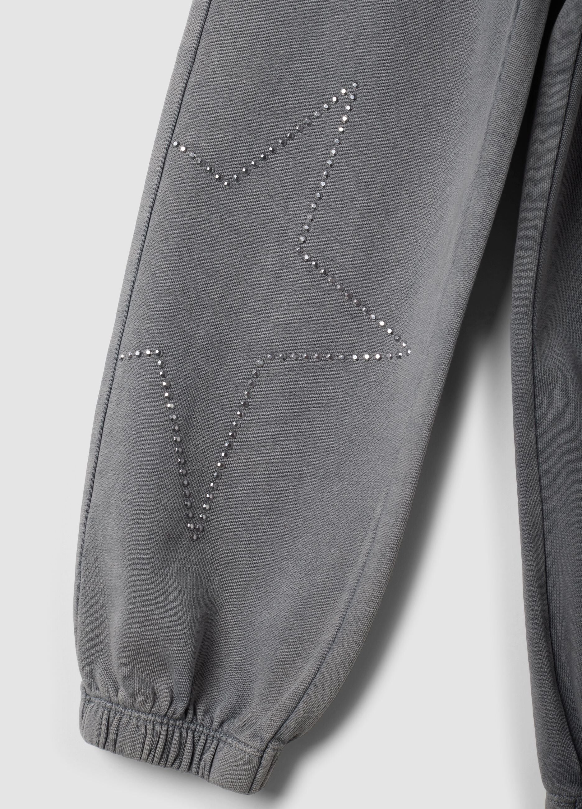 Grey pure cotton joggers with rhinestones for girls
