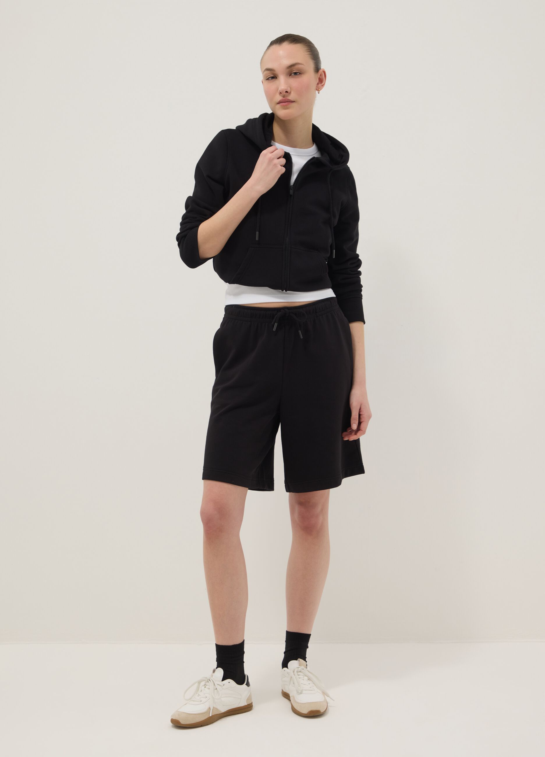 Black cotton-blend regular-fit shorts with elasticated waist