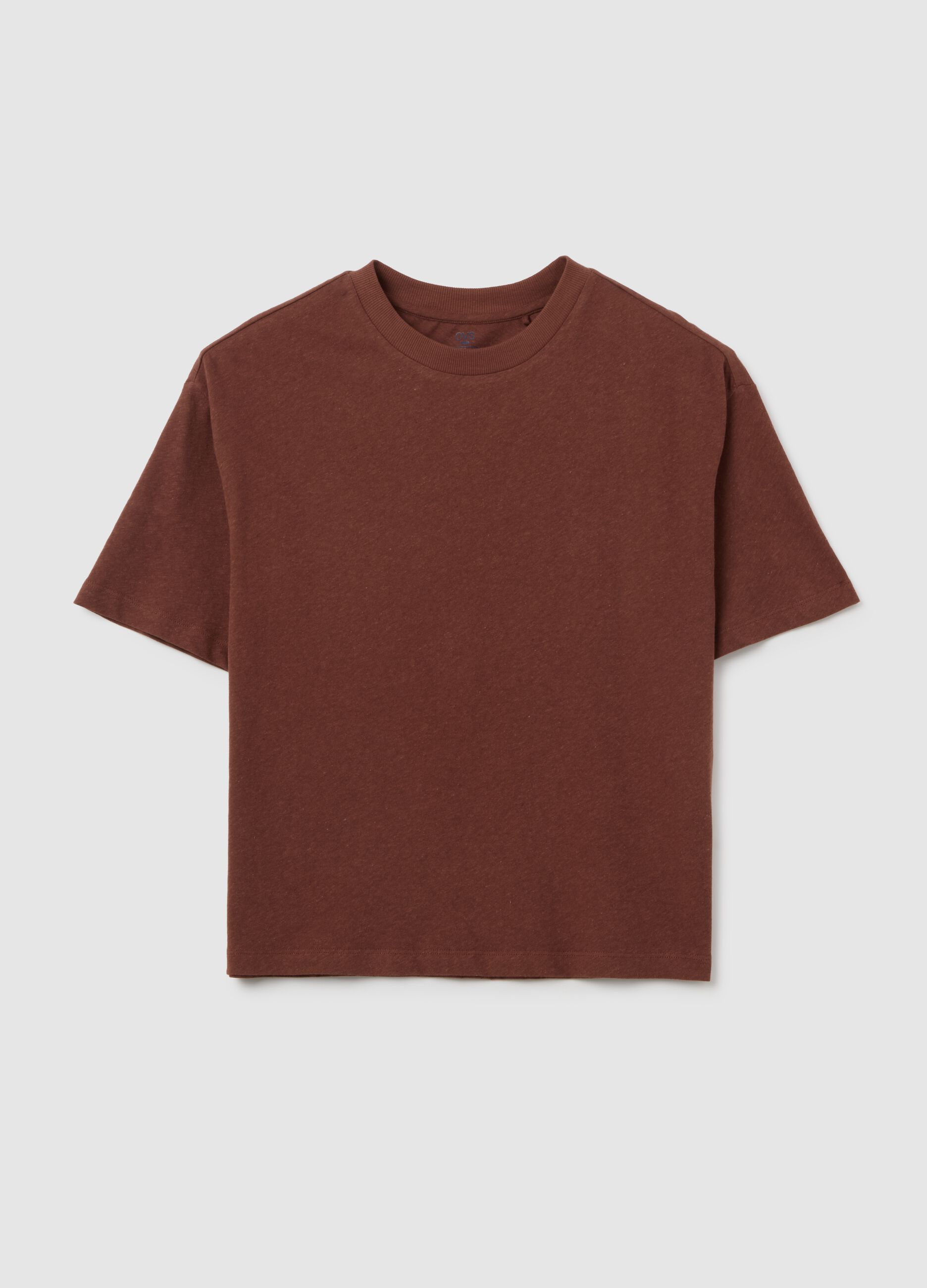 Boy's brown cotton and linen regular fit t-shirt