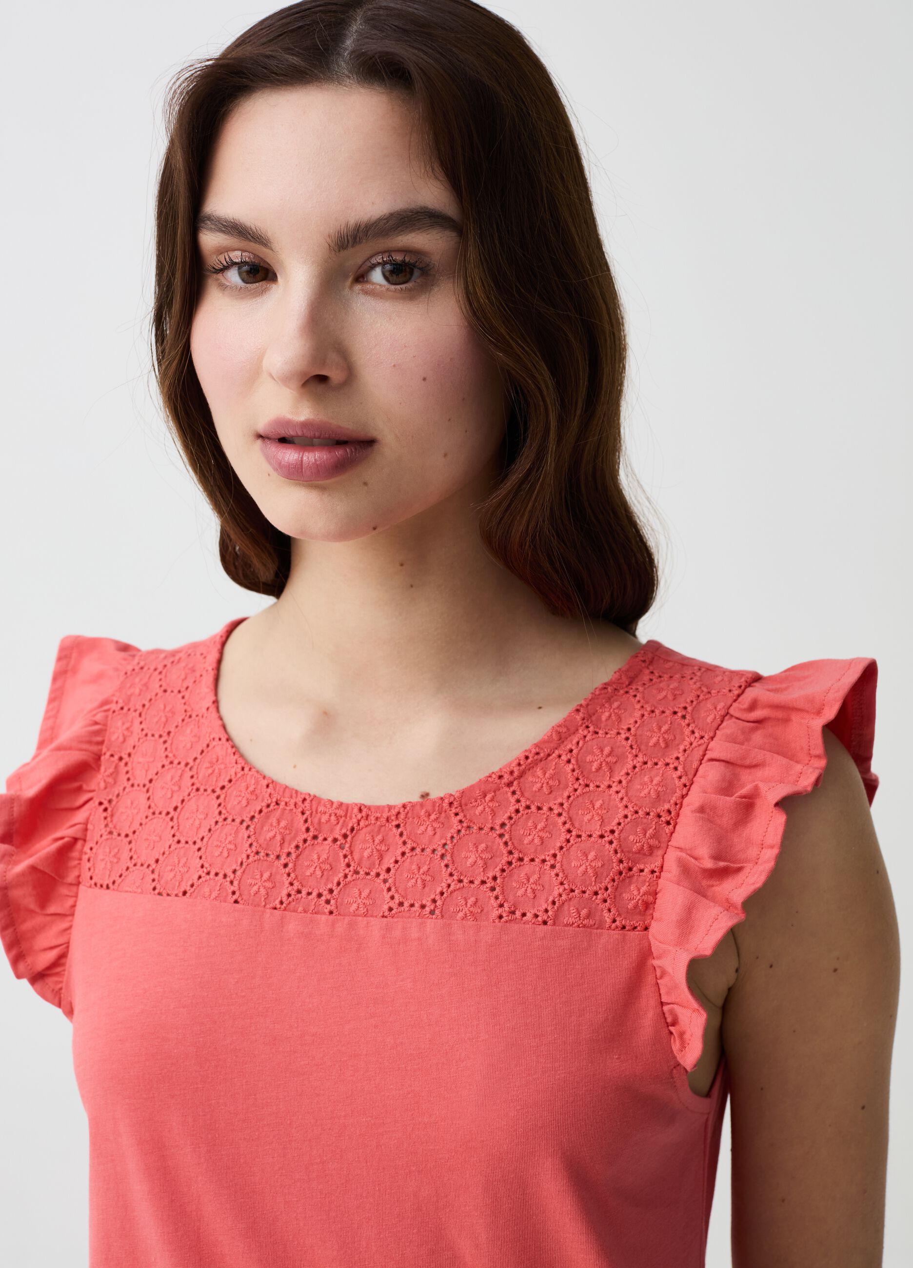 T-shirt with broderie anglaise insert and flounce