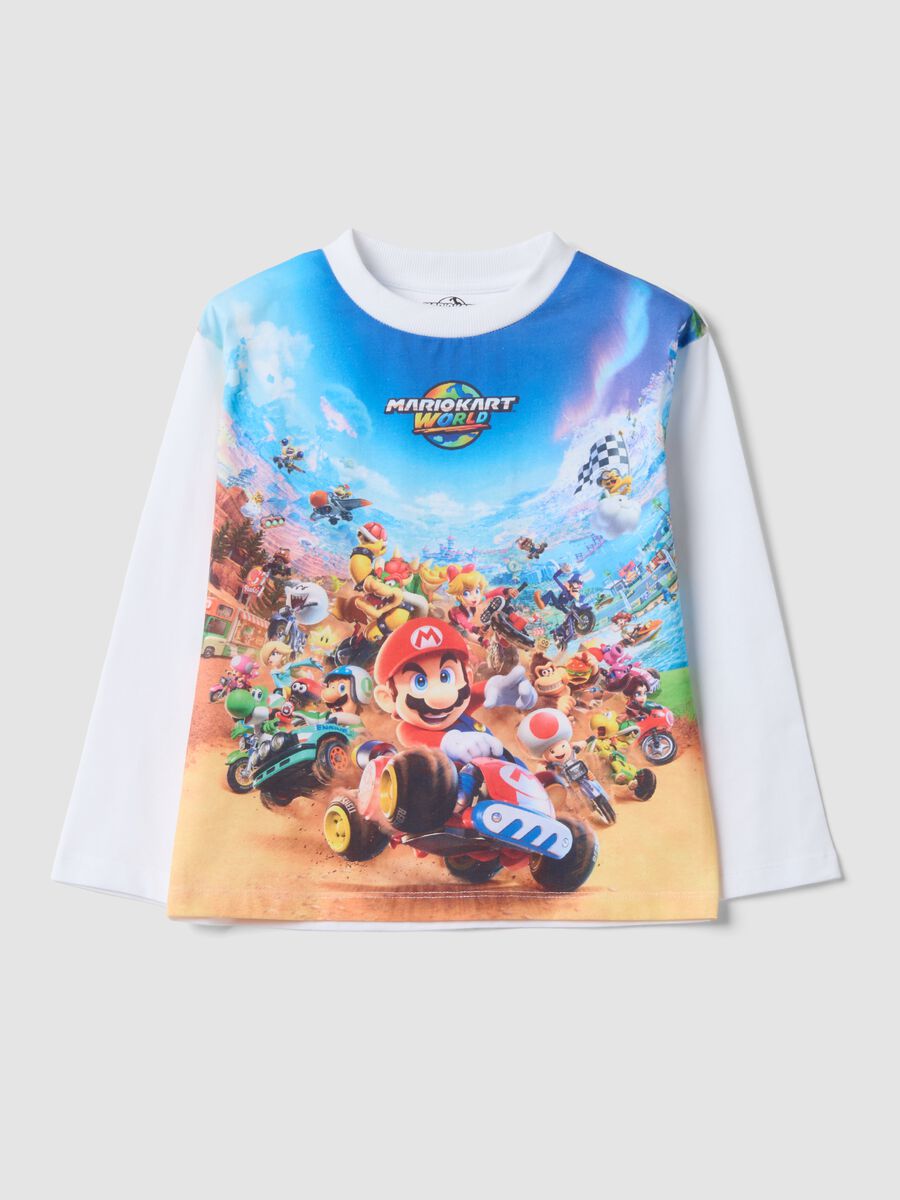 T-shirt bianca in puro cotone con girocollo stampa Mario Kart_0