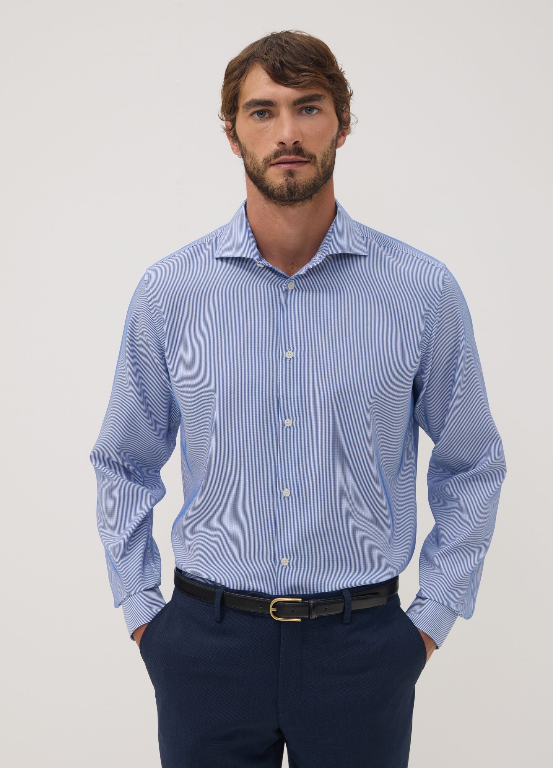 White and blue striped slim-fit easy-iron lyocell-blend dobby shirt