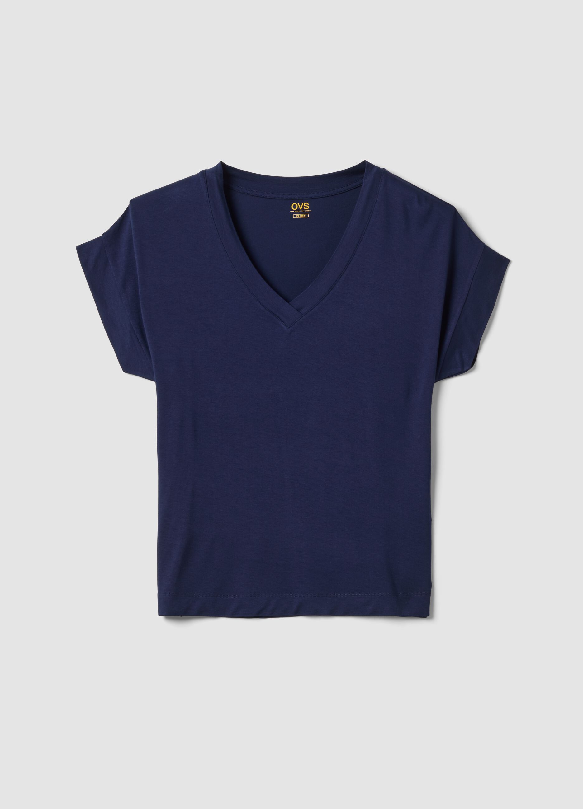 Blue stretch viscose V-neck T-shirt