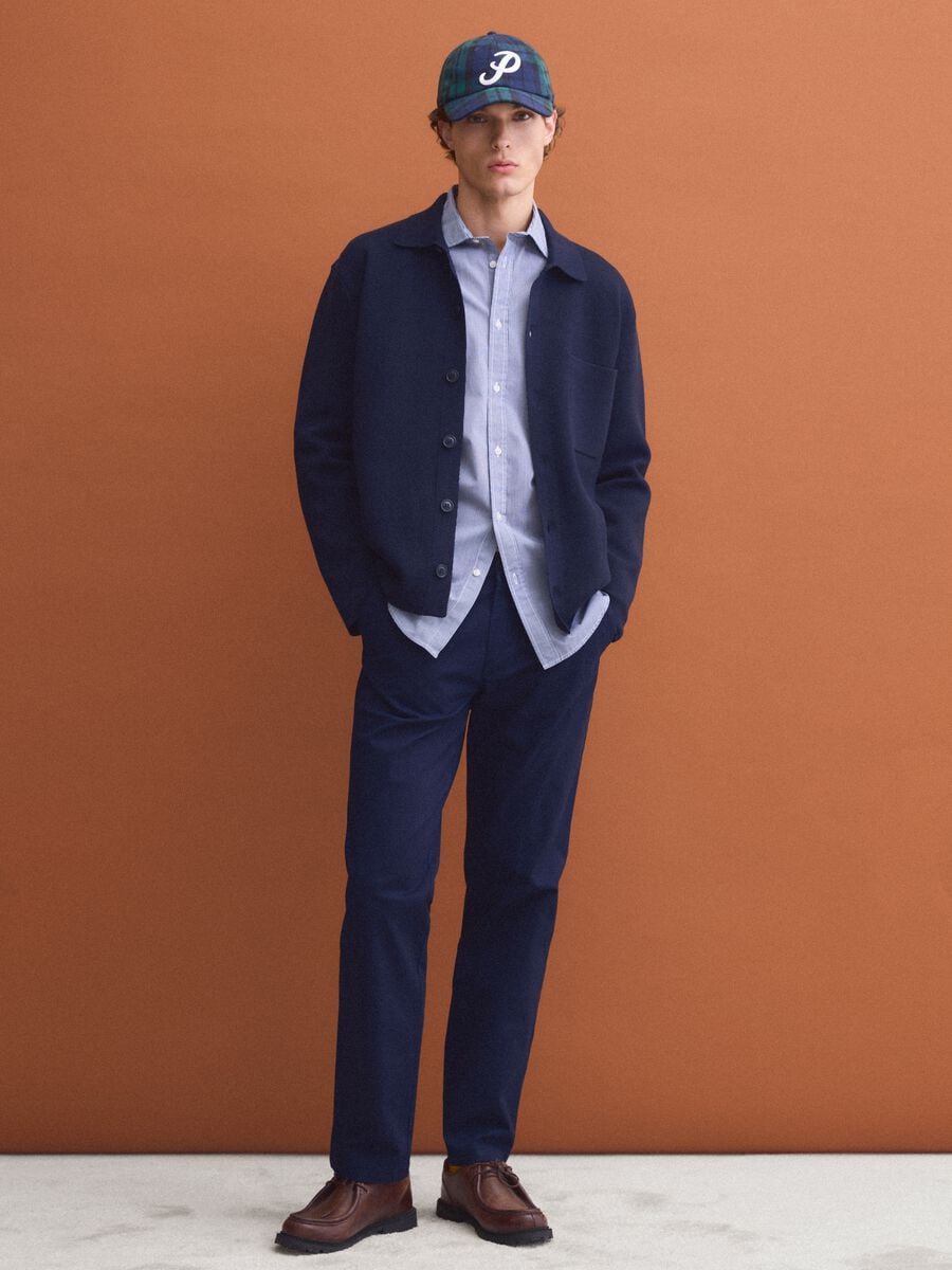 Pantaloni chino blu in twill di cotone elasticizzato regular fit_0