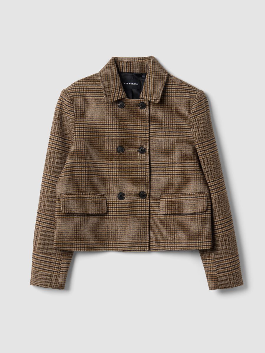Shacket marrone in misto lana a quadri doppiopetto over fit_0