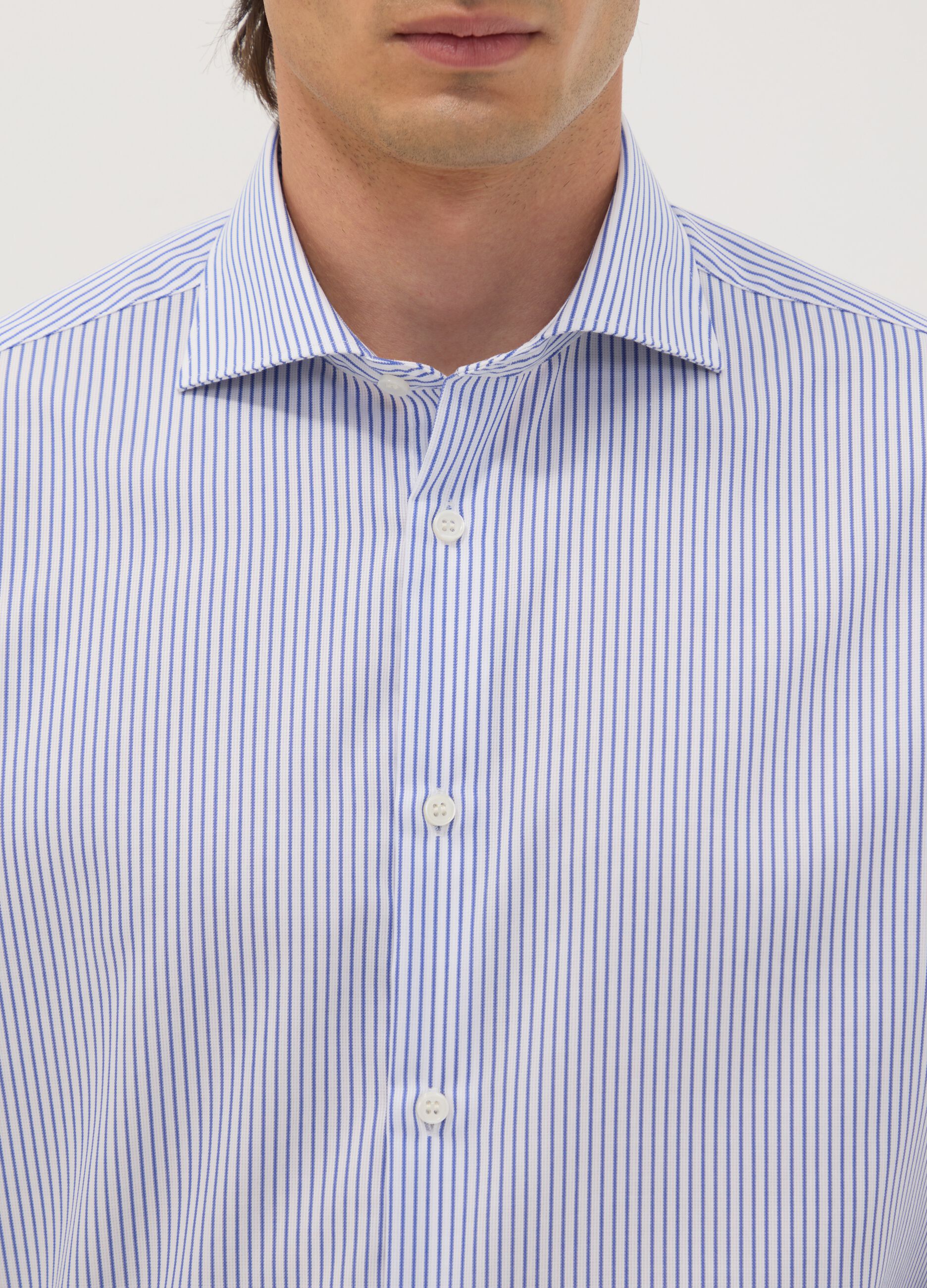 Light blue striped pure cotton dobby shirt with French collar, non-iron