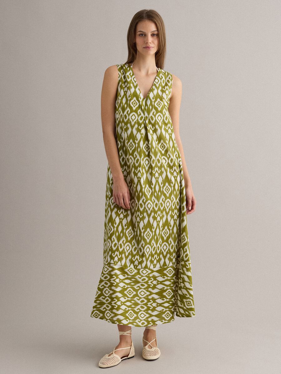 Green maxi dress in pure cotton with V-neck and print_0