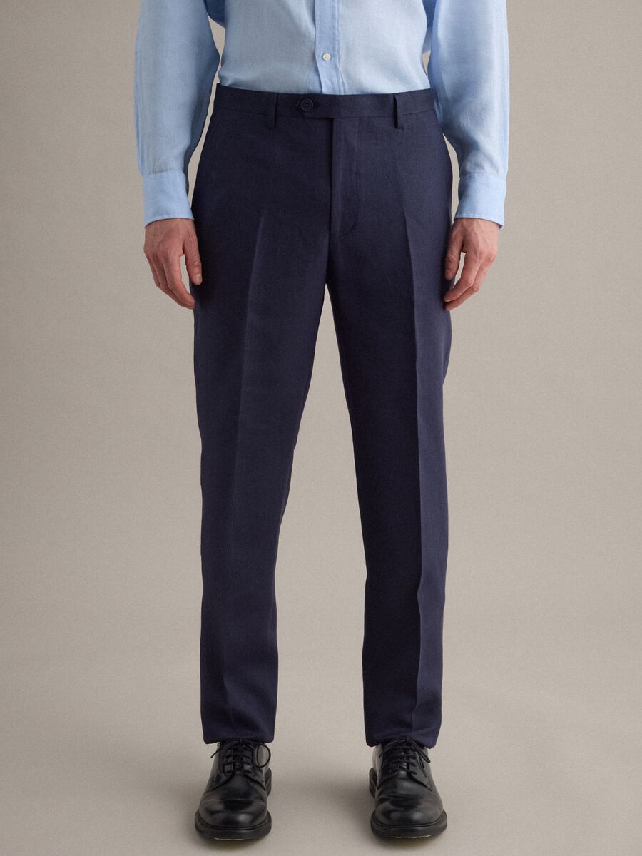 Pantaloni in puro lino blu slim fit_1