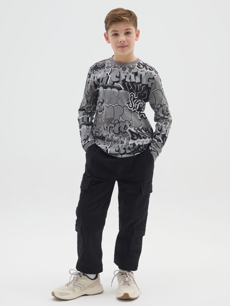 Black stretch cotton cargo trousers for boys_0