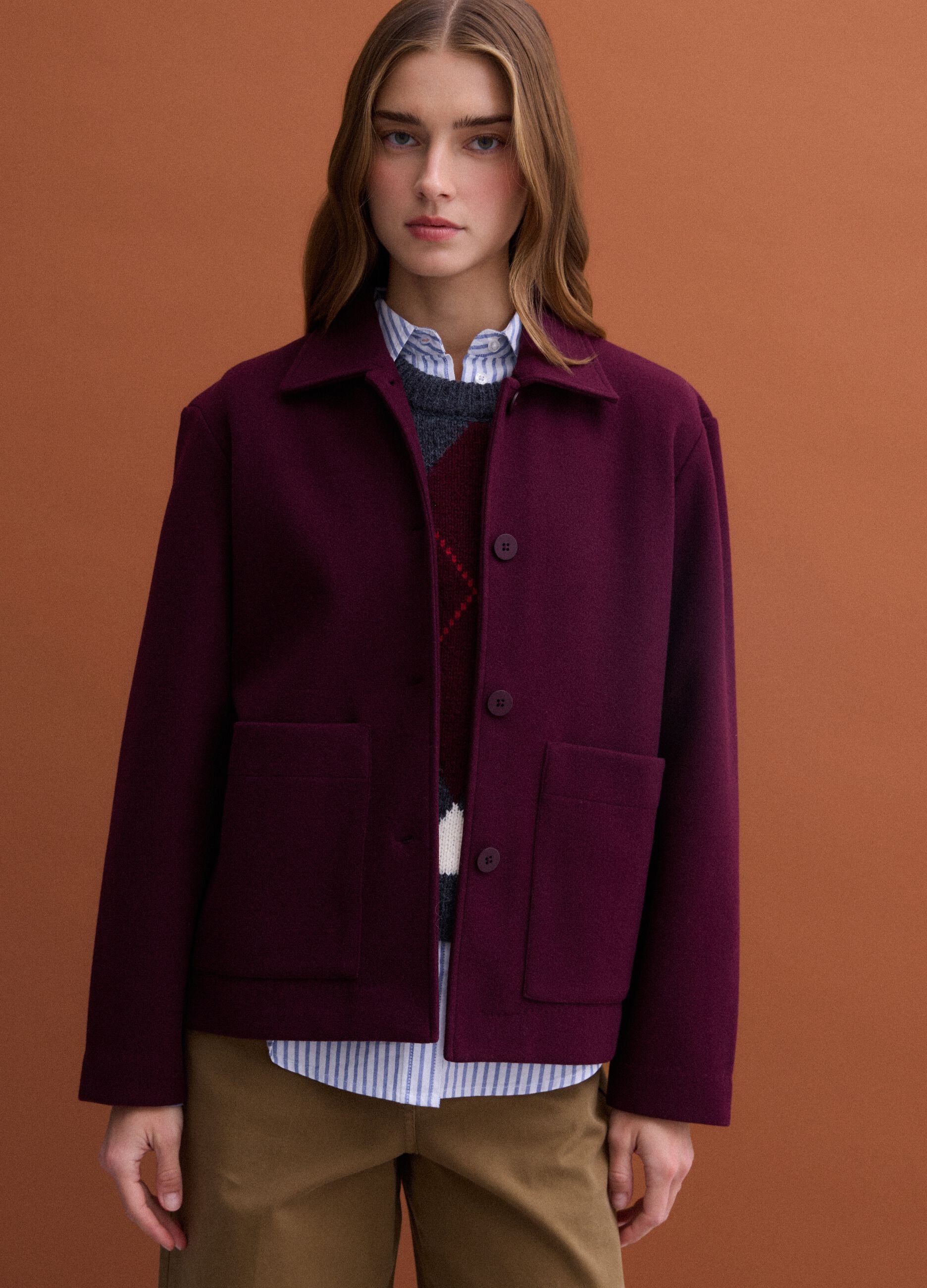 Burgundy red viscose-blend jacket with crew neck, regular fit