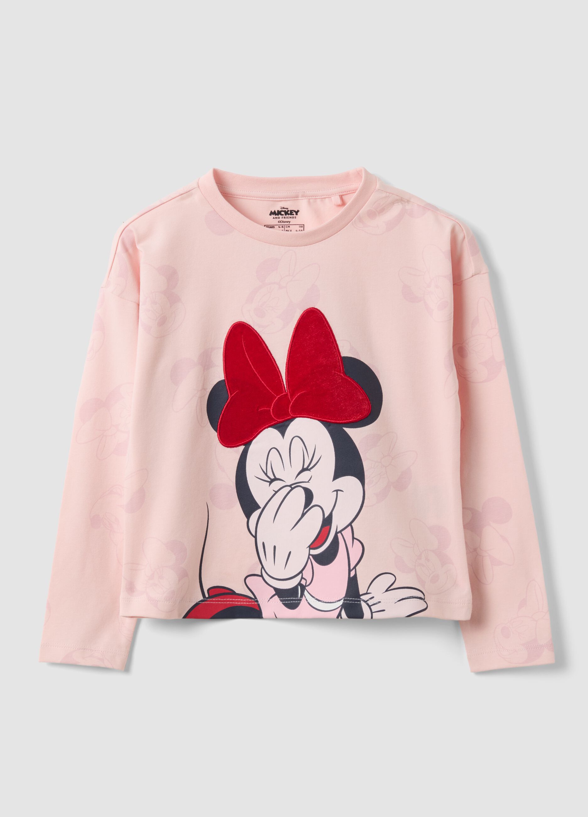 T-shirt rosa in cotone elasticizzato con girocollo e stampa Minnie