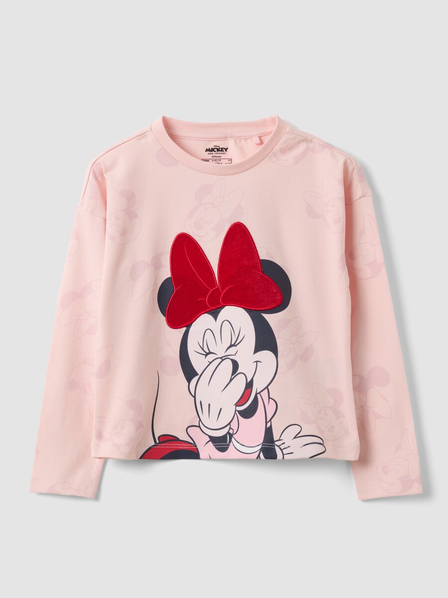 T-shirt rosa in cotone elasticizzato con girocollo e stampa Minnie_0