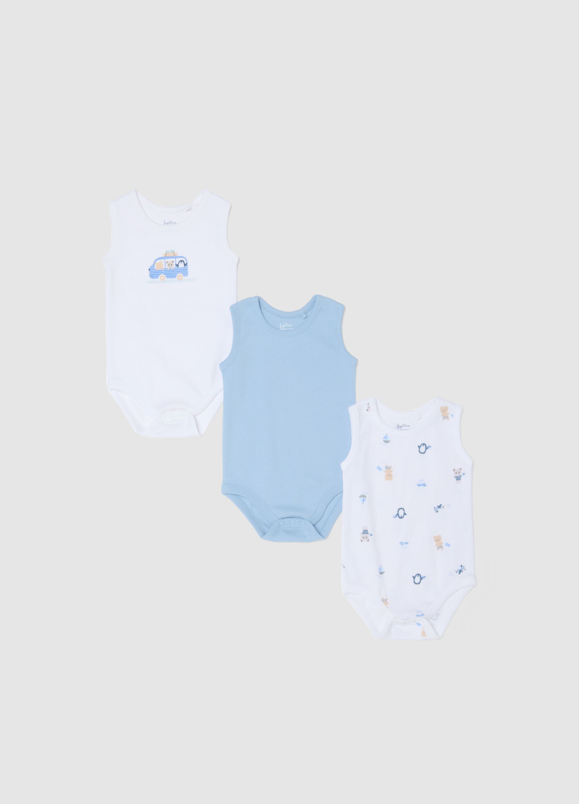 Multicoloured sleeveless bodysuit tripack in pure cotton for newborns