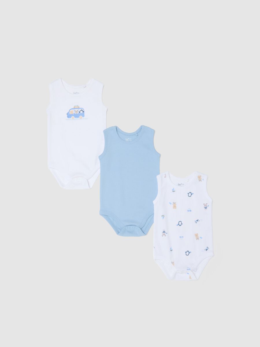 Tripack body senza maniche in puro cotone multicolor da neonato_0