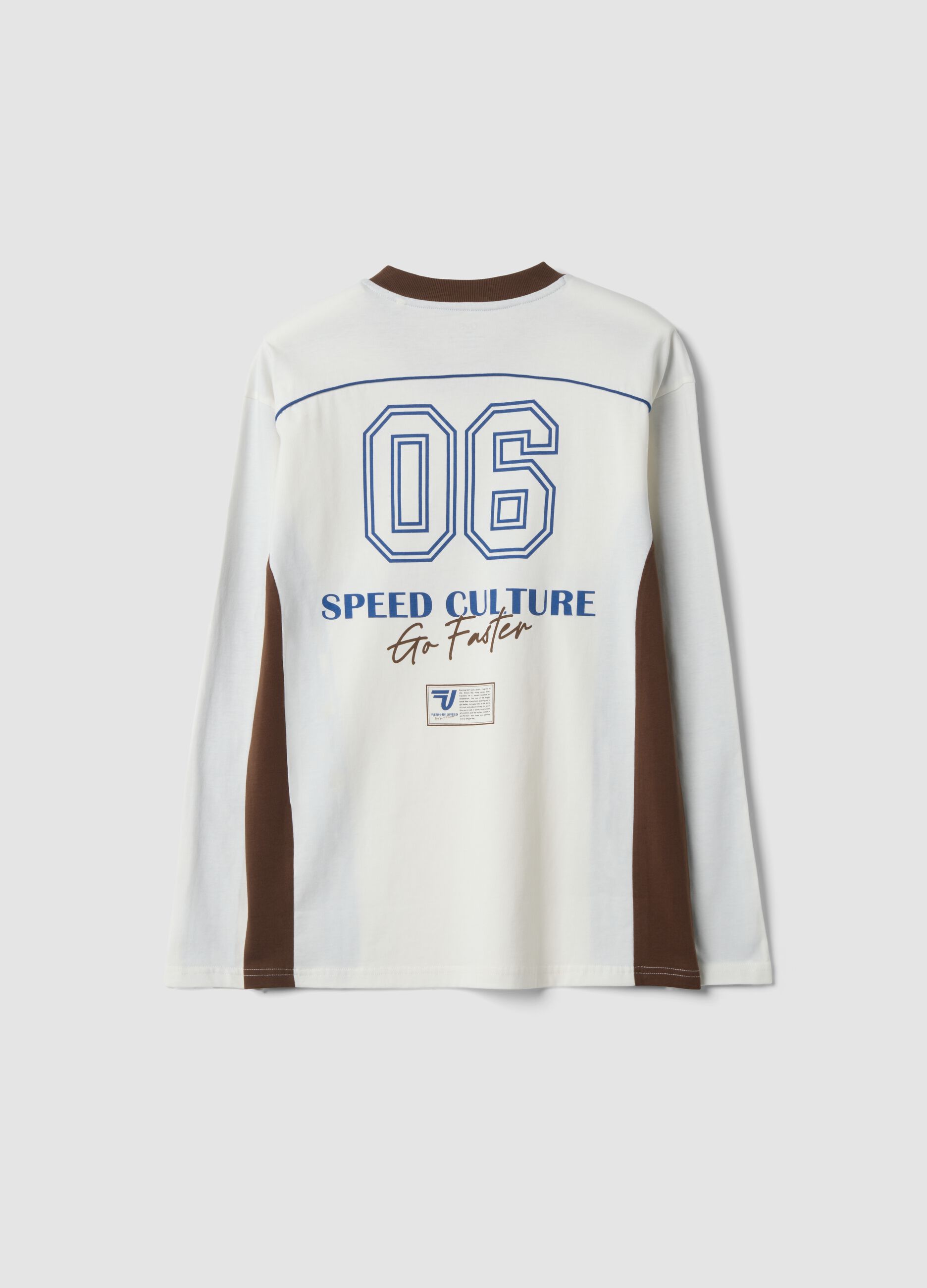 T-shirt bianca in puro cotone con girocollo e stampa racing
