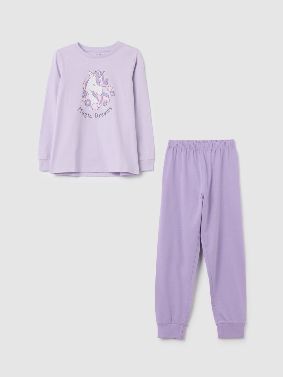 Pigiama lilla con unicorno e fiori stampati_0
