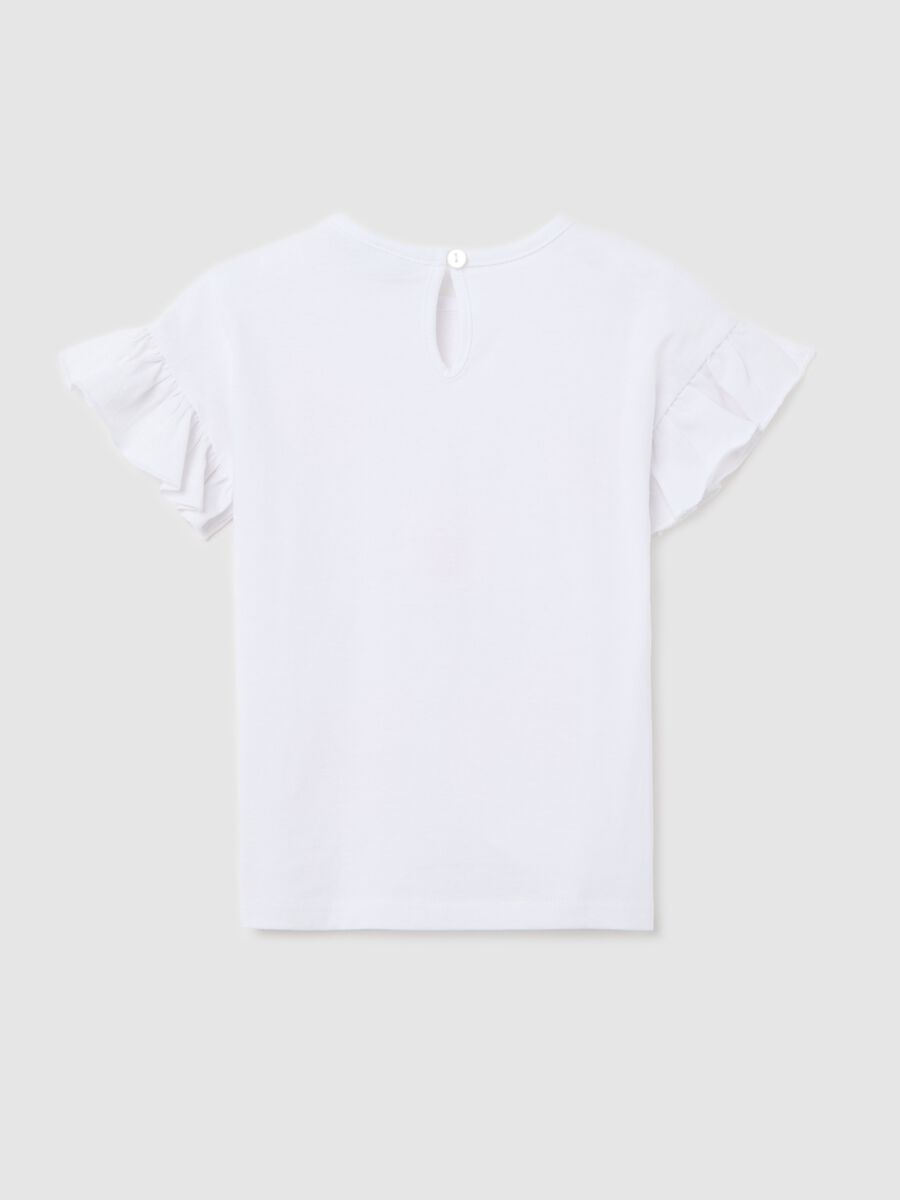 White T-shirt in cotton with print and flounce_1