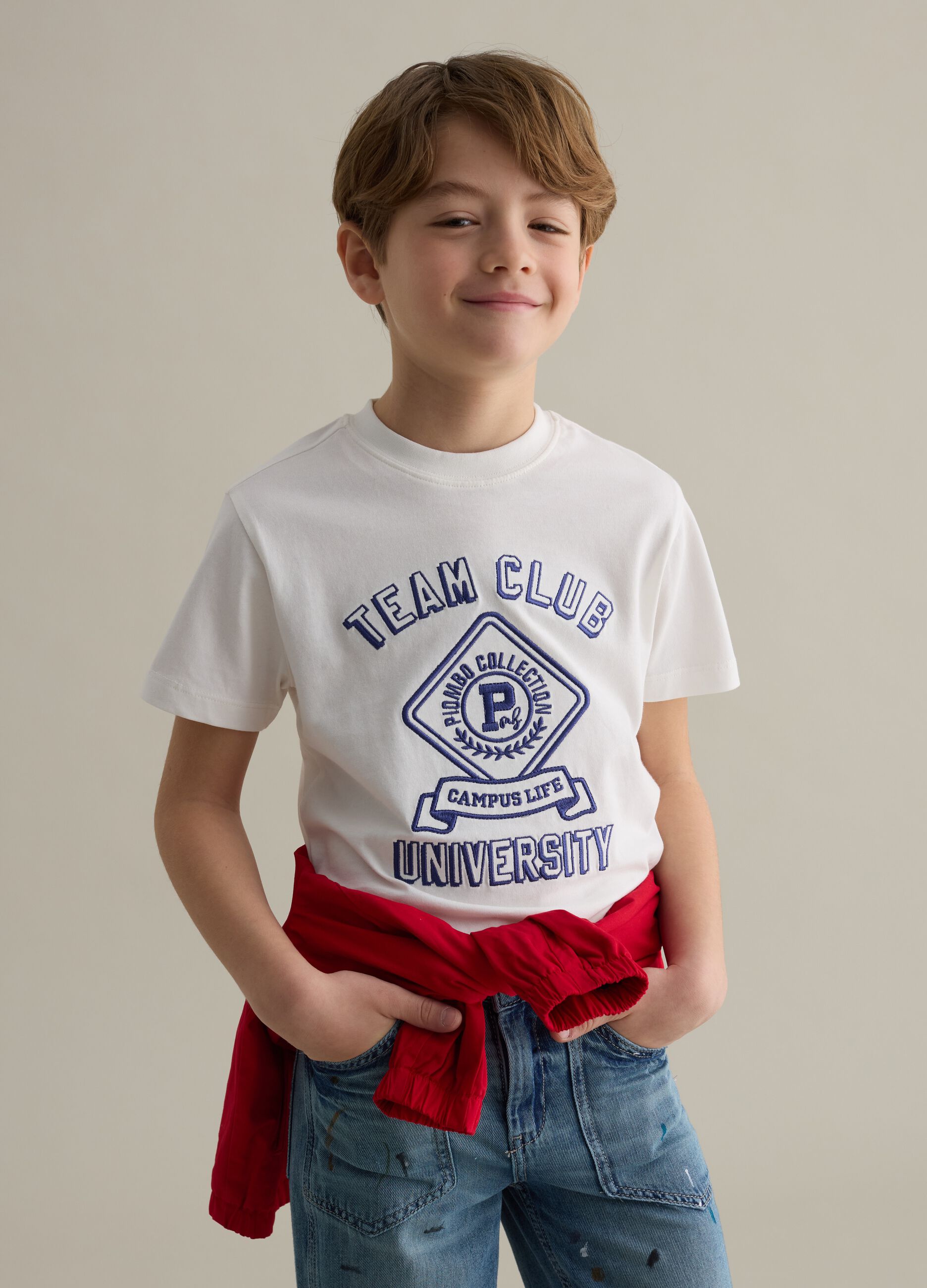 Cotton T-shirt with lettering embroidery