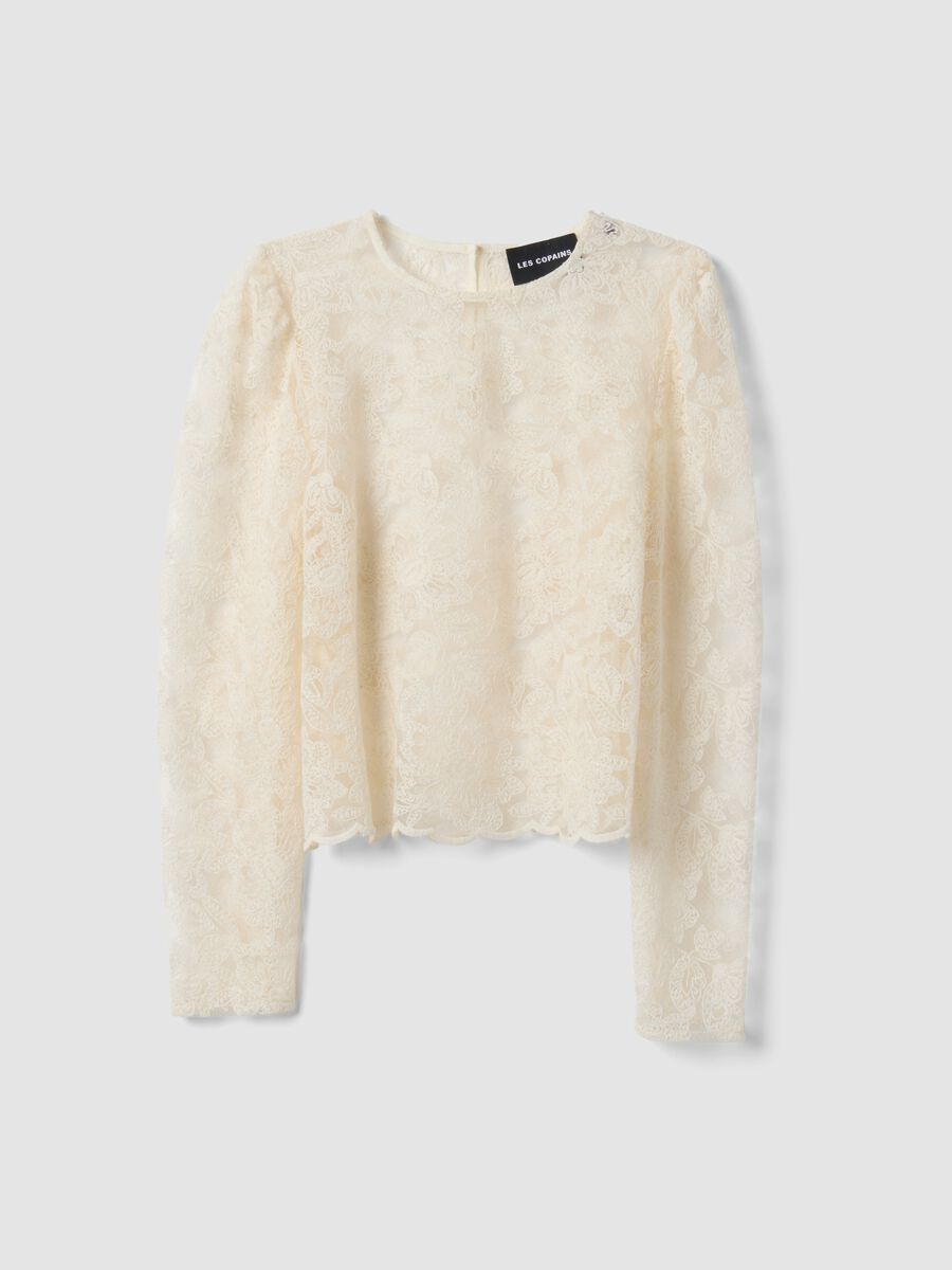 White cotton-blend blouse with floral lace, slim fit_4