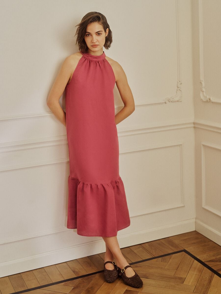 Abito midi rosa in misto lino e viscosa regular fit con collo halter_0