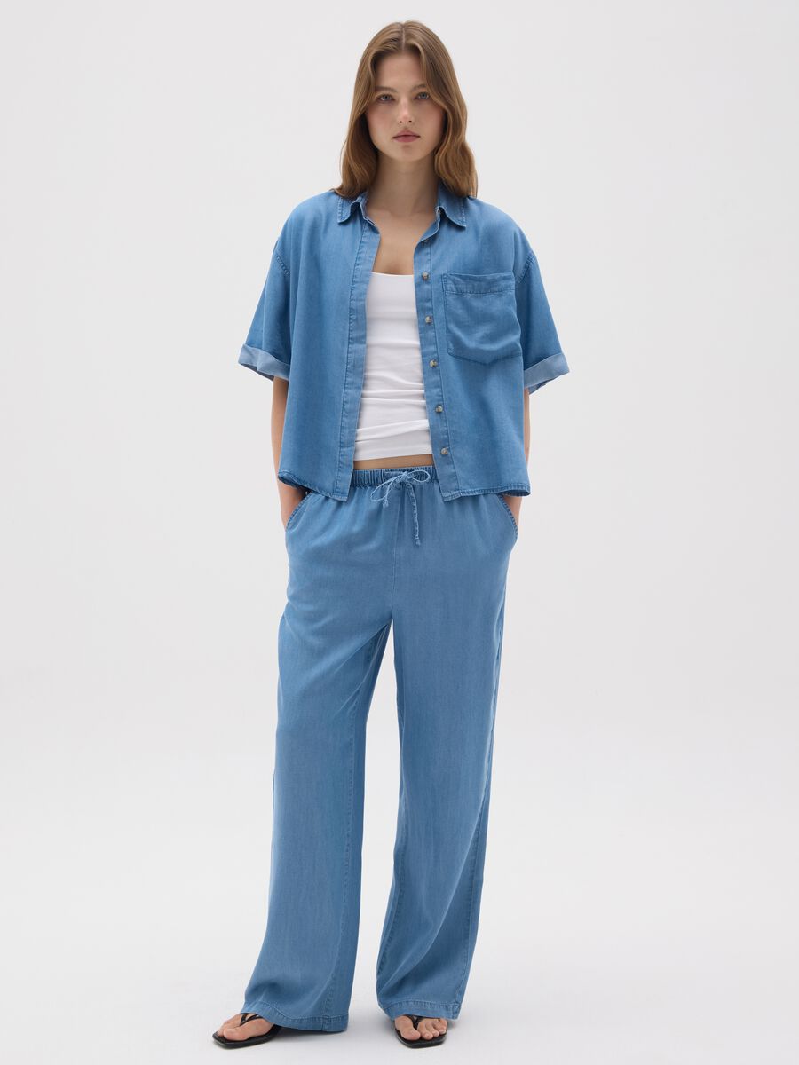 Pantaloni da donna in puro Lyocell azzurri larghi_0