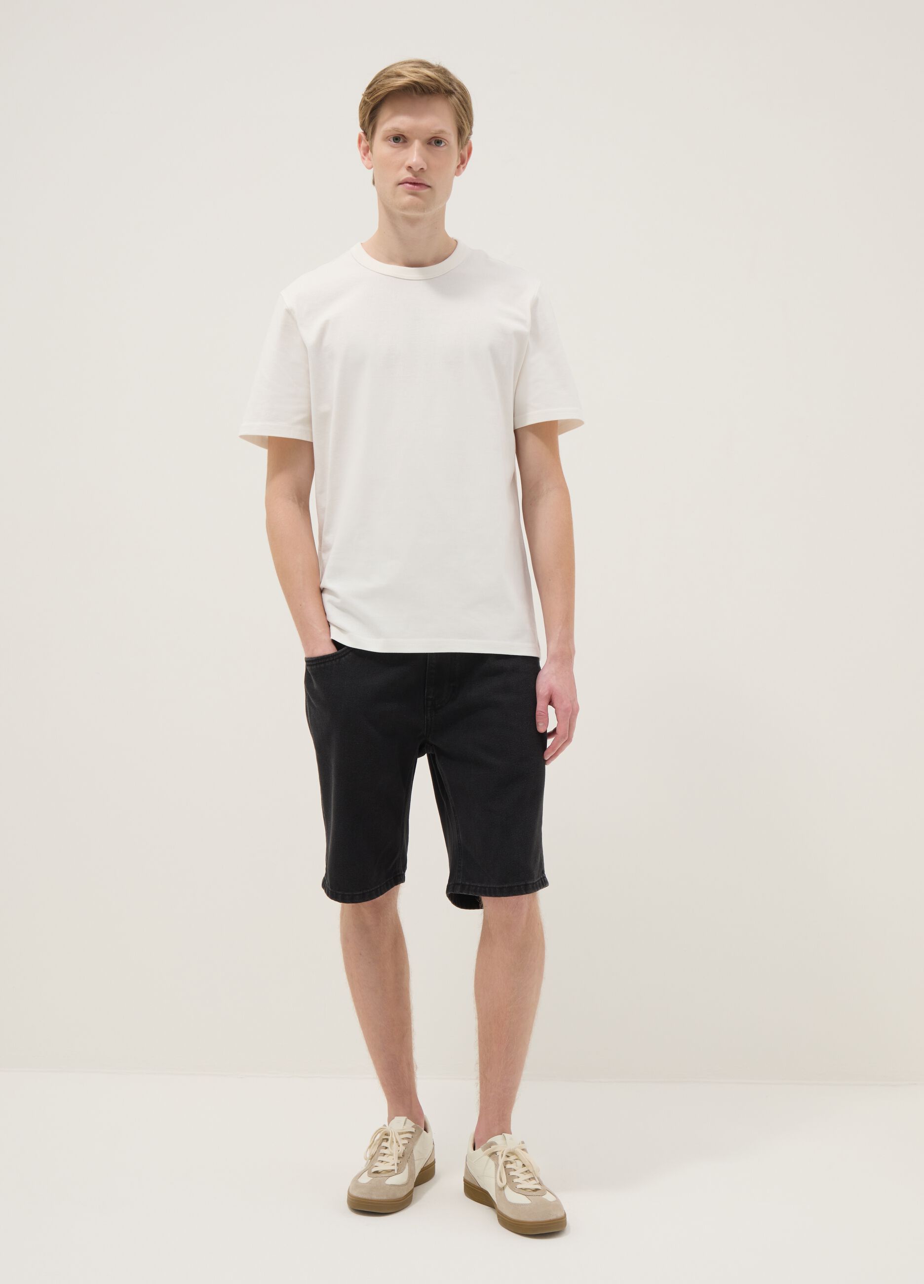 Black denim cotton blend slim fit shorts