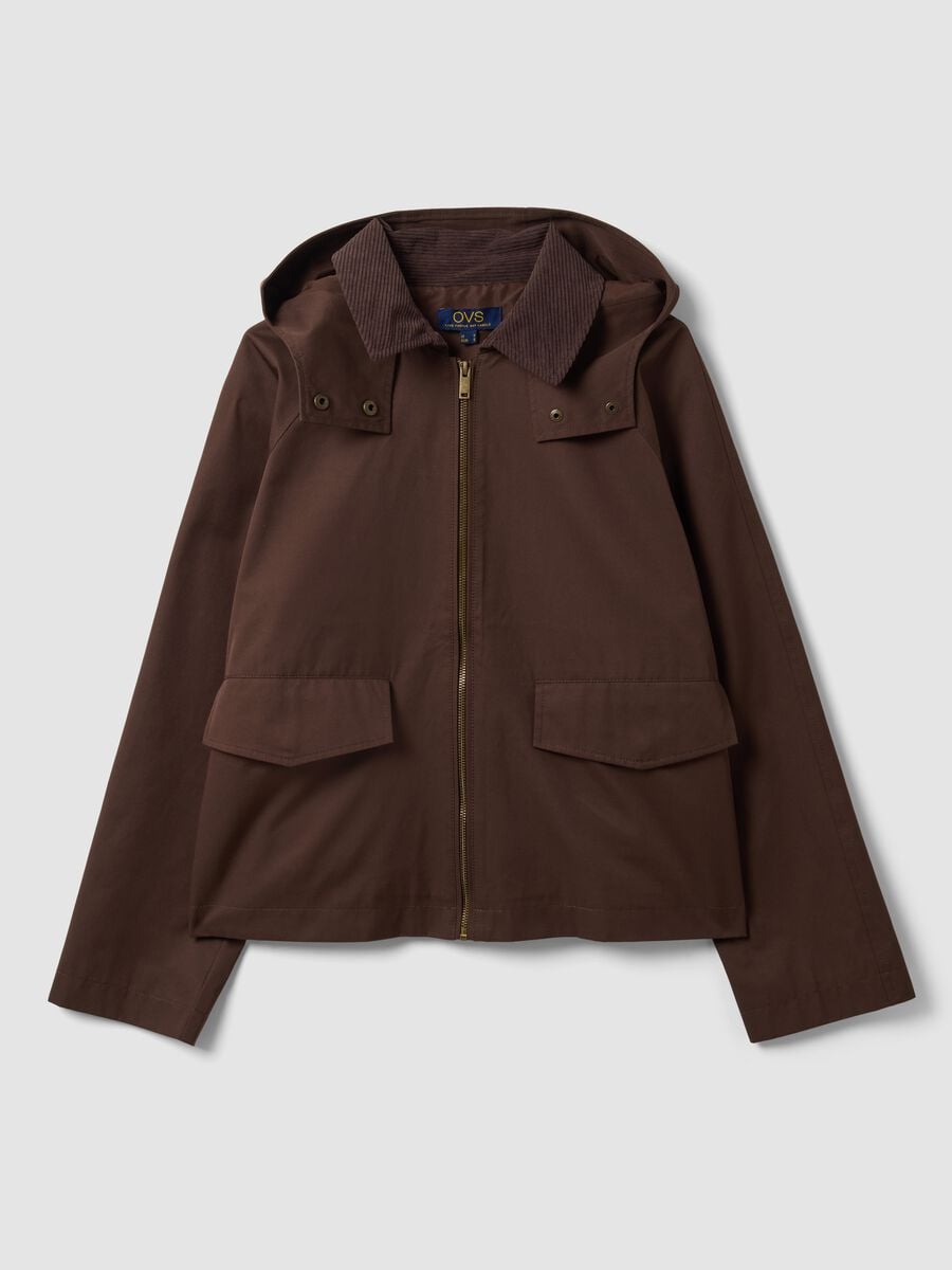 Giacca parka marrone con cappuccio e collo a coste in misto cotone_4