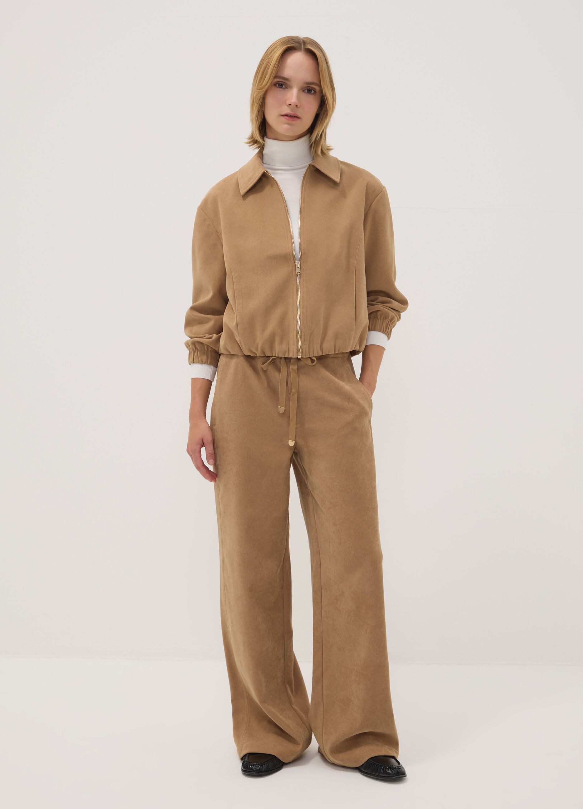 Beige stretch-fabric straight-fit trousers