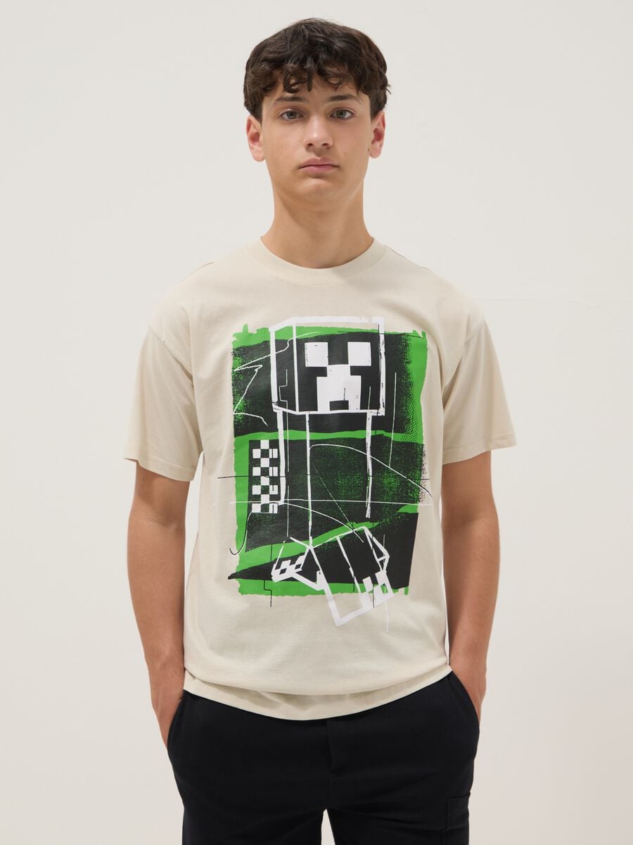 Boys' Beige Pure Cotton T-shirt with Relaxed Fit and Print_0