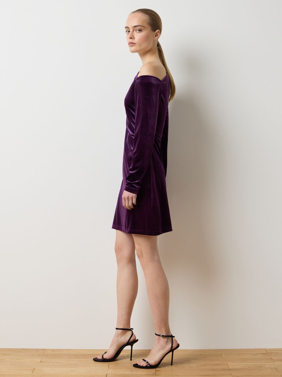 Purple velvet slim fit dress with draping_0
