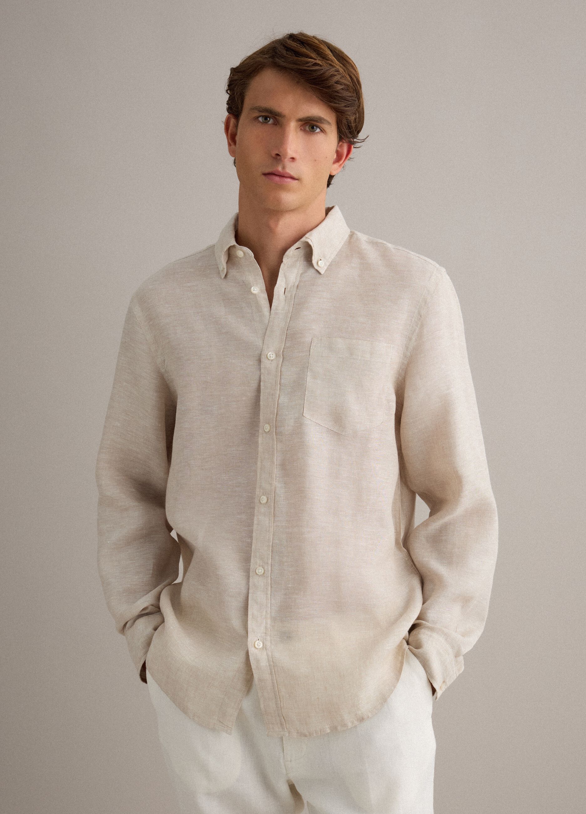 Beige pure linen shirt with button-down collar, regular fit