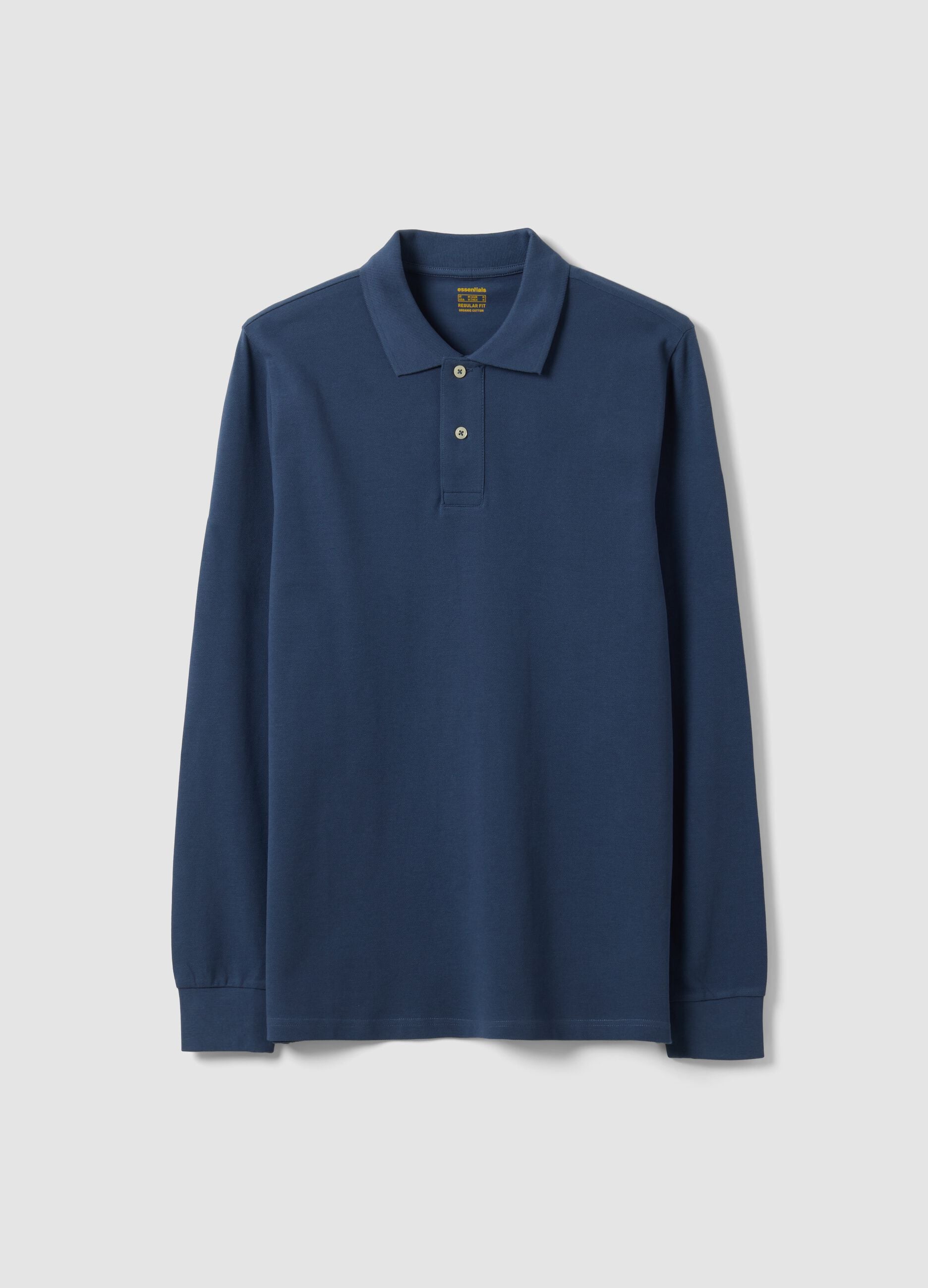 Blue long-sleeve regular-fit polo in organic cotton piqu&eacute;